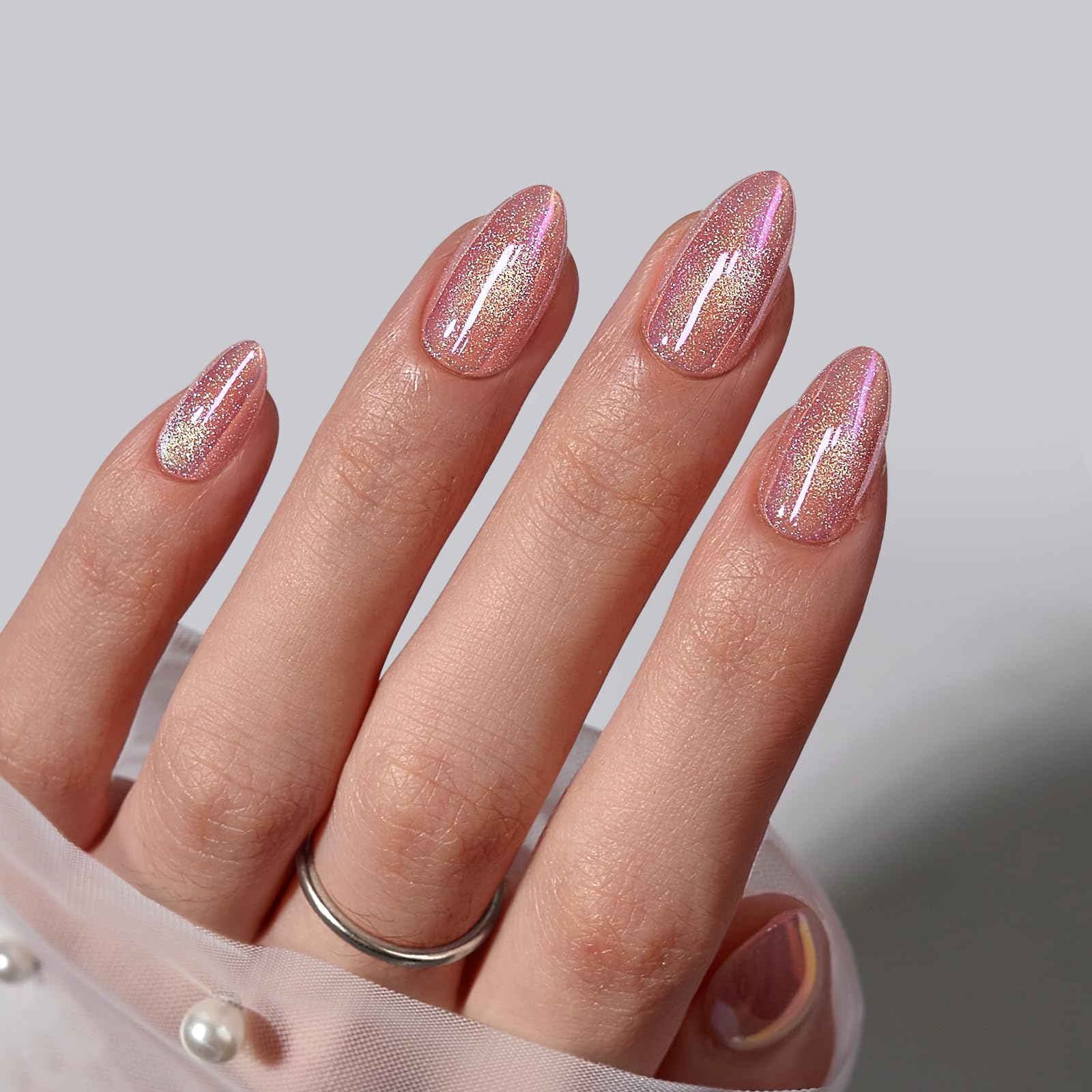 BTArtbox Pink Cat Eye Almond Press On Nails Kit – 32 Nails, Glue, 16 Sizes, Tassel Shine