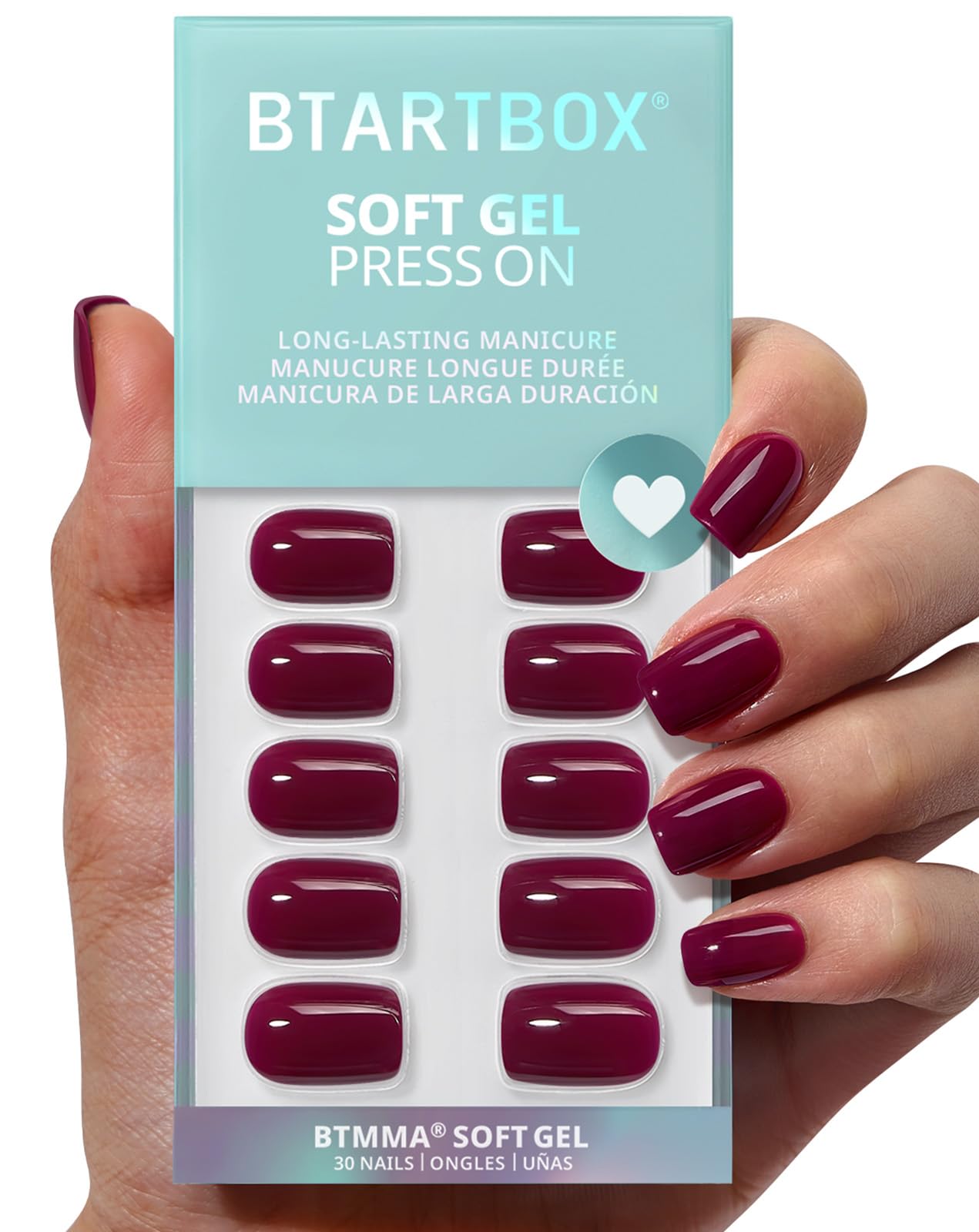 BTArtbox Press On Nails Short Plum Red Squoval – Glue Included, 30-Nail Kit (Blackberry)