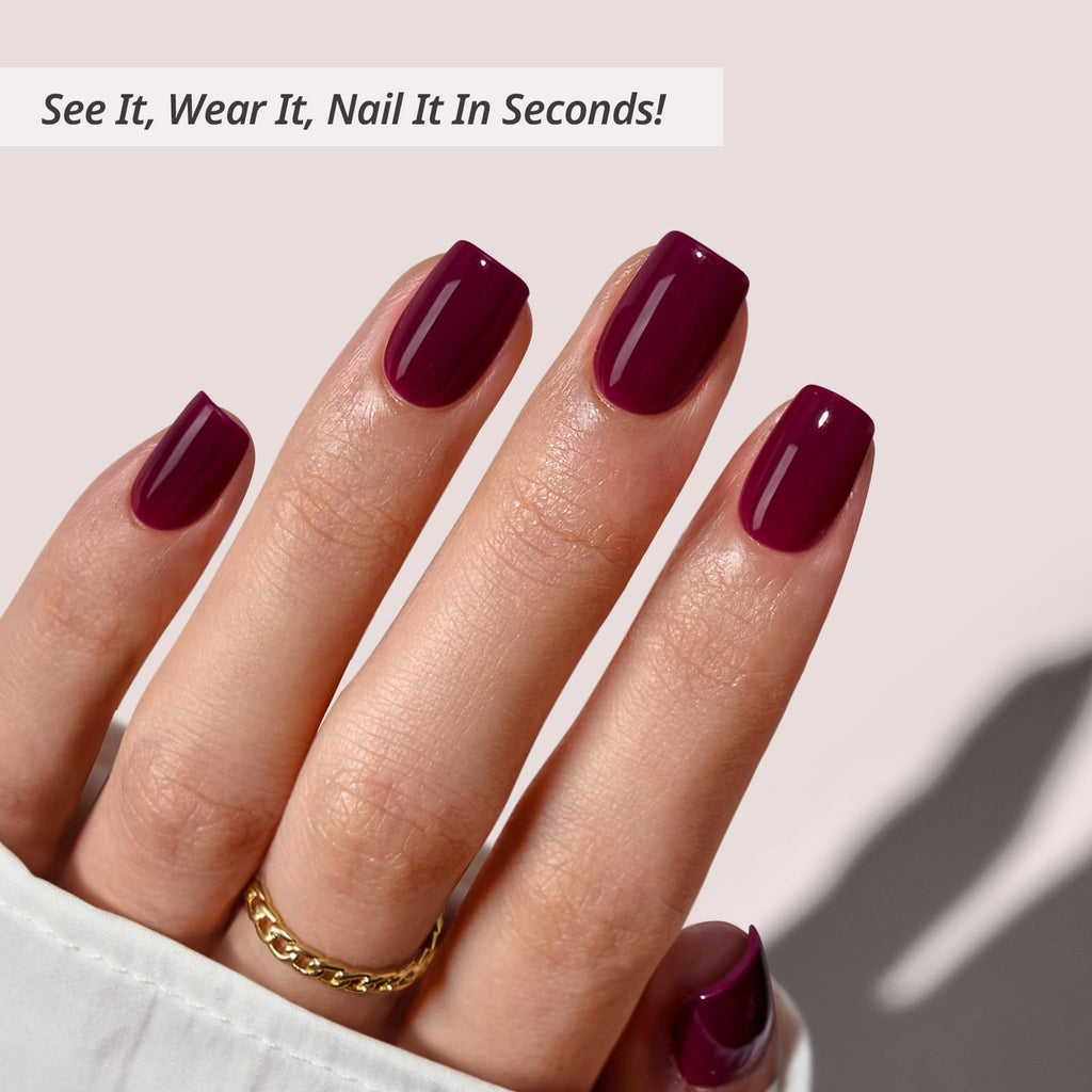 BTArtbox Press On Nails Short Plum Red Squoval – Glue Included, 30-Nail Kit (Blackberry)