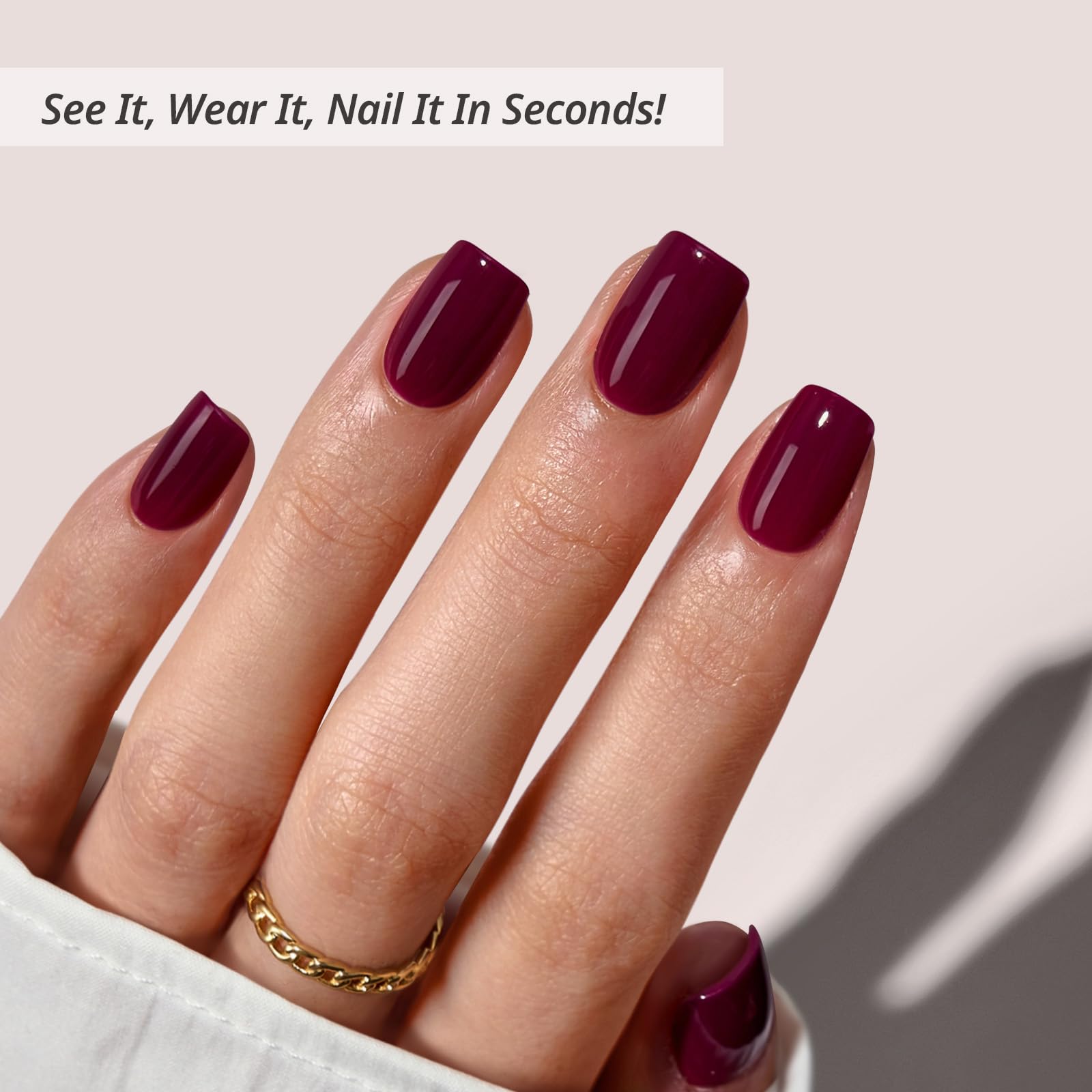 BTArtbox Press On Nails Short Plum Red Squoval – Glue Included, 30-Nail Kit (Blackberry)
