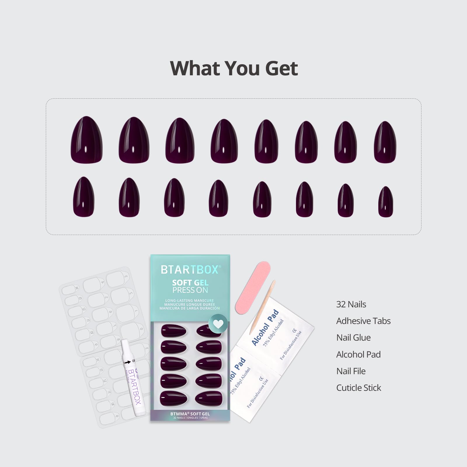 BTArtbox Poison Potion Short Press On Nails – Dark Purple Almond Kit (32 Nails, Glue)</n>