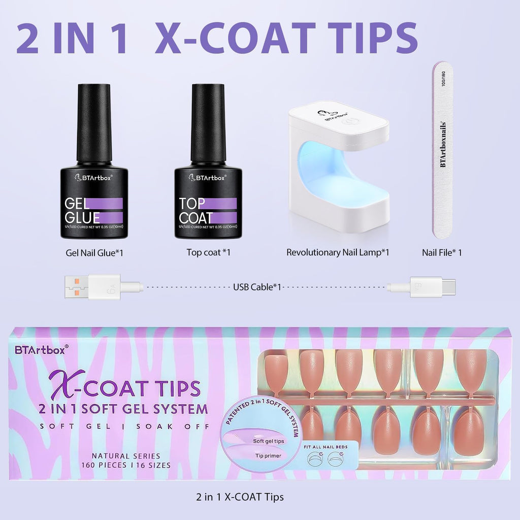 BTArtbox Short Almond Nail Tips – XCOATTIPS Gel Nail Kit, 160 pcs, Primer Base