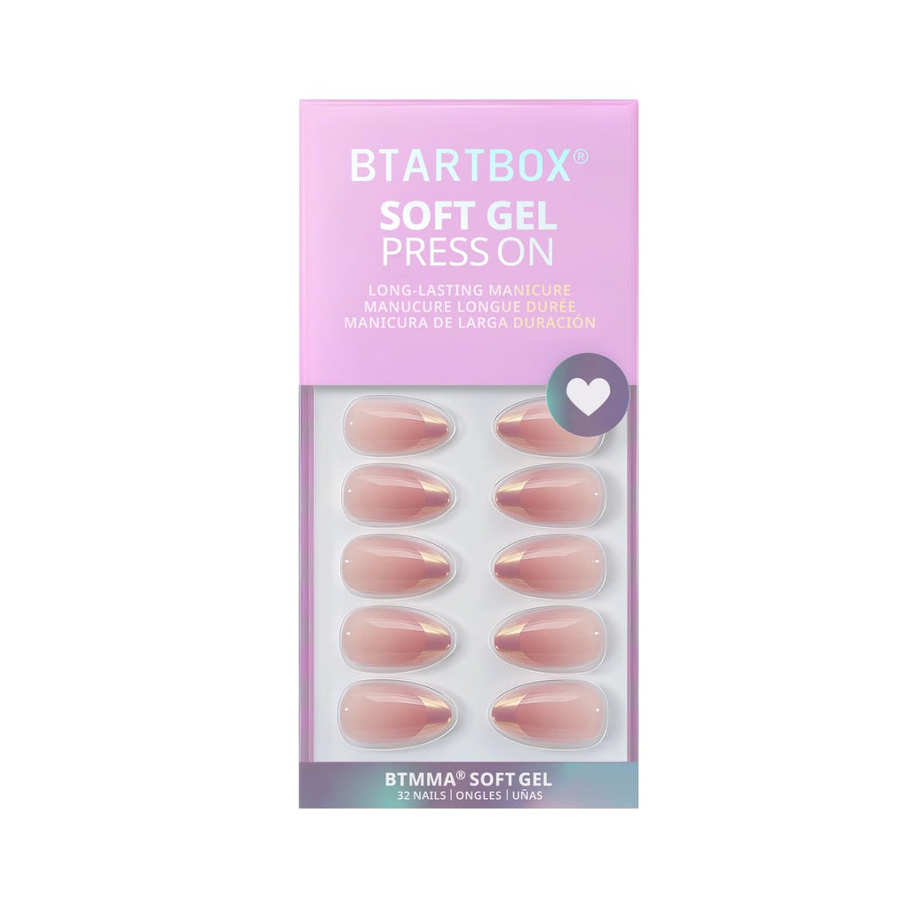 BTArtbox Press On Nails Short – Chrome French Tip Almond | 32 Nails, 16 Sizes, Glue Kit