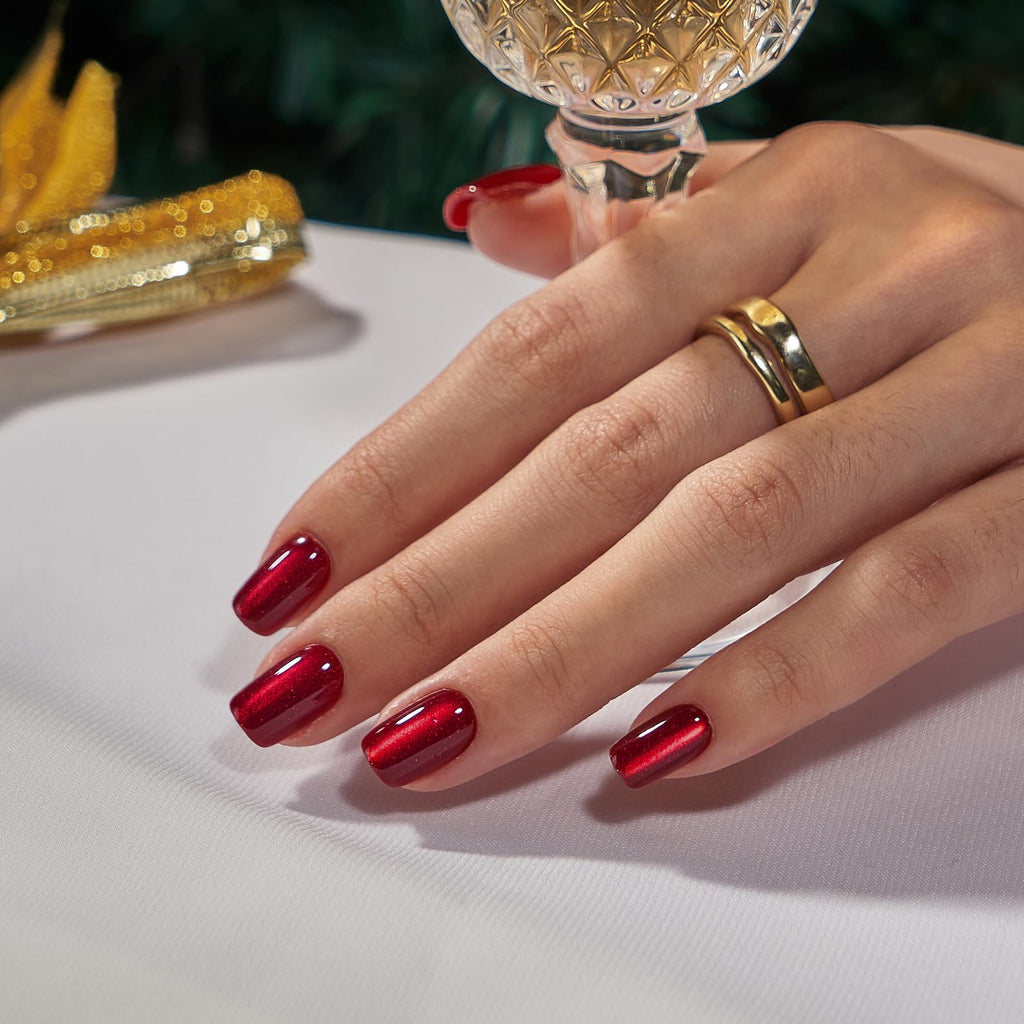 BTArtbox Press On Nails Red Cat Eye – Glossy Square Nails Kit, 30 Nails, 15 Sizes, Glue Included