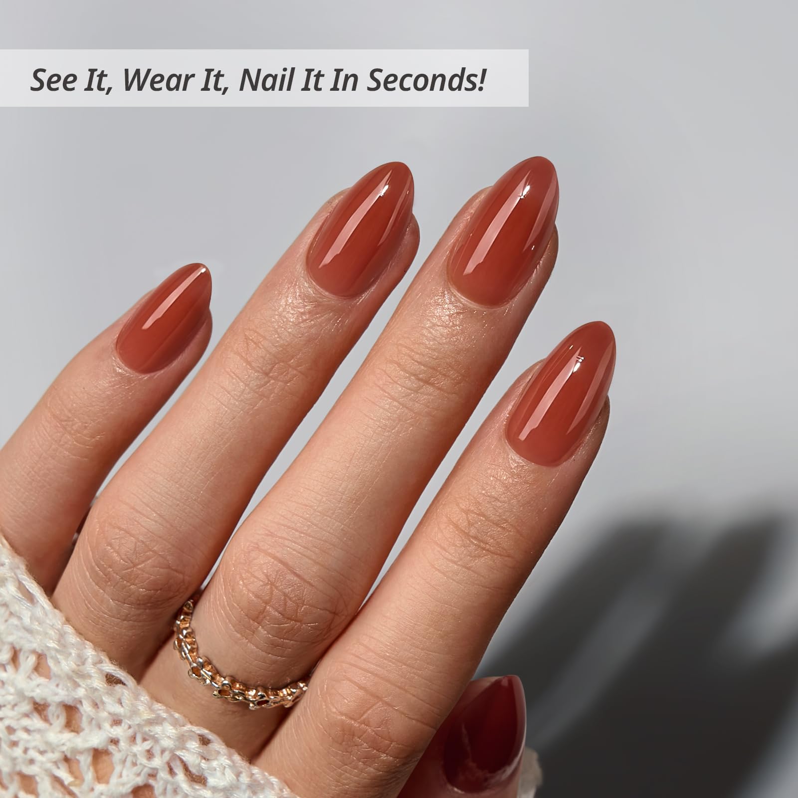 BTArtbox Press On Nails Short Almond – Tea Brown Hue, 32-Piece Kit with Gel Glue