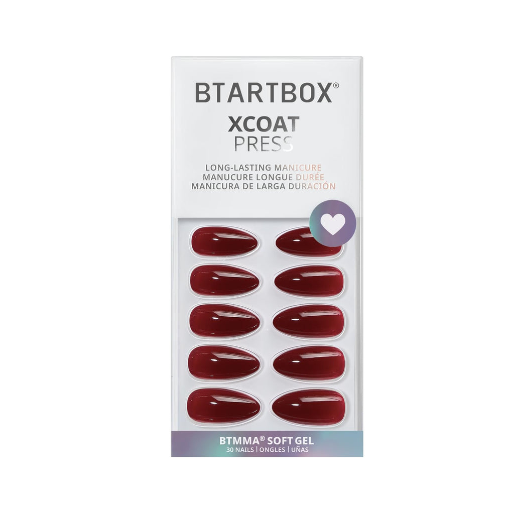 BTArtbox Press On Nails Almond – Dark Red, 28-Day Stay, Gel Glue, 30-Piece Kit (15 Sizes)
