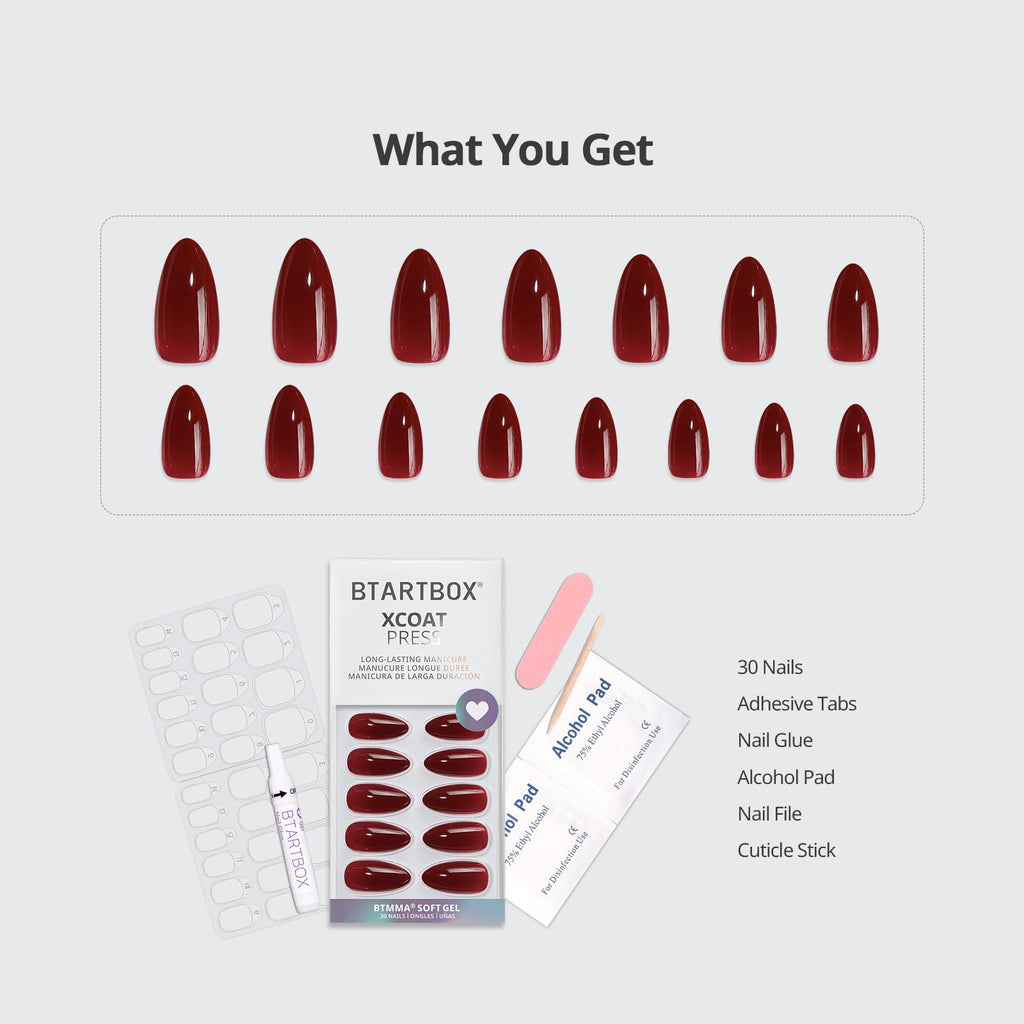 BTArtbox Press On Nails Almond – Dark Red, 28-Day Stay, Gel Glue, 30-Piece Kit (15 Sizes)
