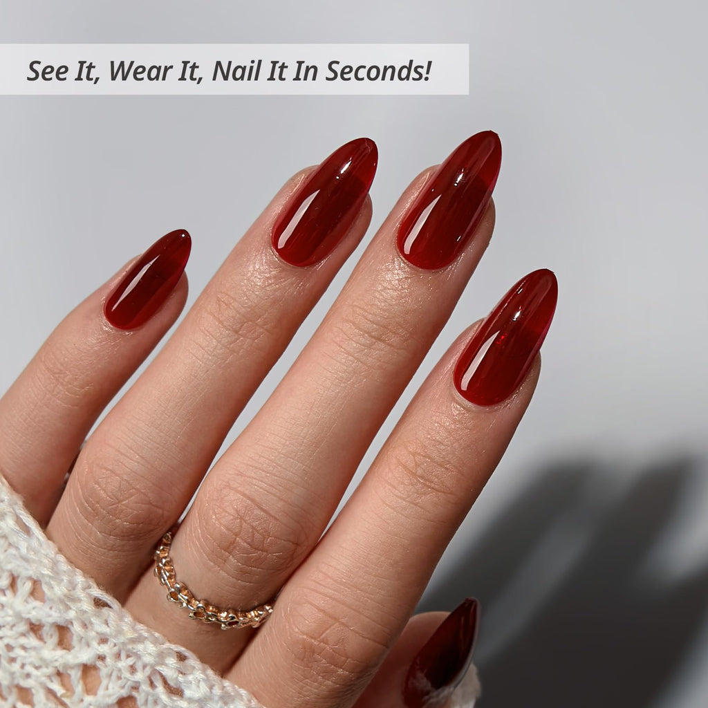 BTArtbox Press On Nails Almond – Dark Red, 28-Day Stay, Gel Glue, 30-Piece Kit (15 Sizes)