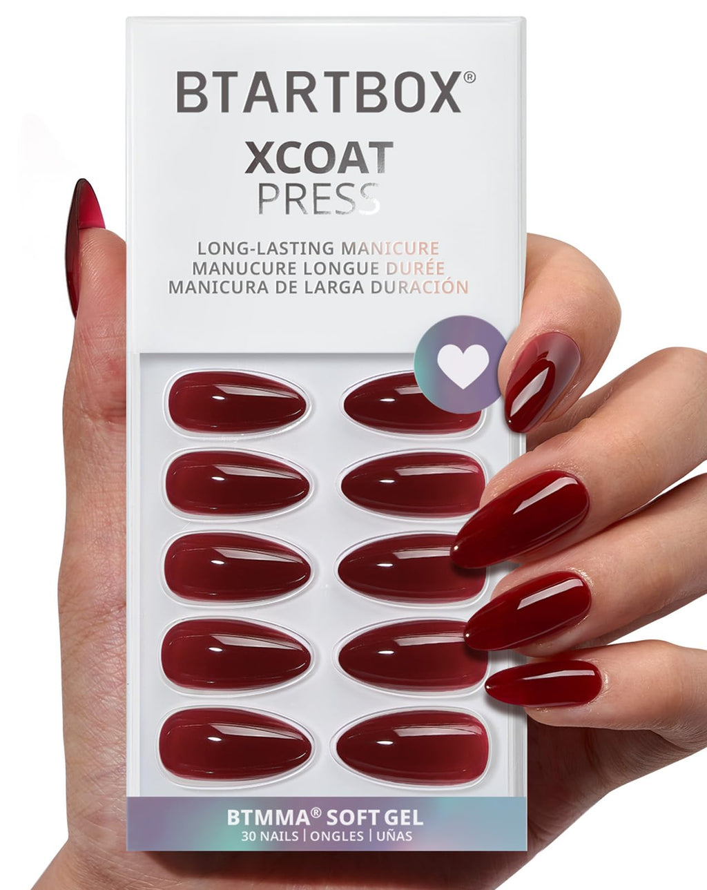 BTArtbox Press On Nails Almond – Dark Red, 28-Day Stay, Gel Glue, 30-Piece Kit (15 Sizes)