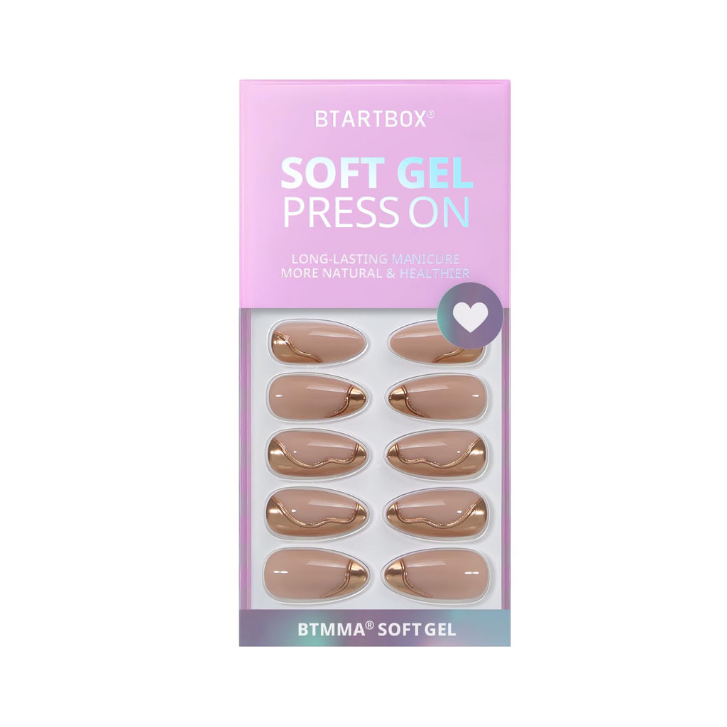BTArtbox Almond Press On Nails – Medium Gel Nails with 3D Metallic Design, 15 Sizes