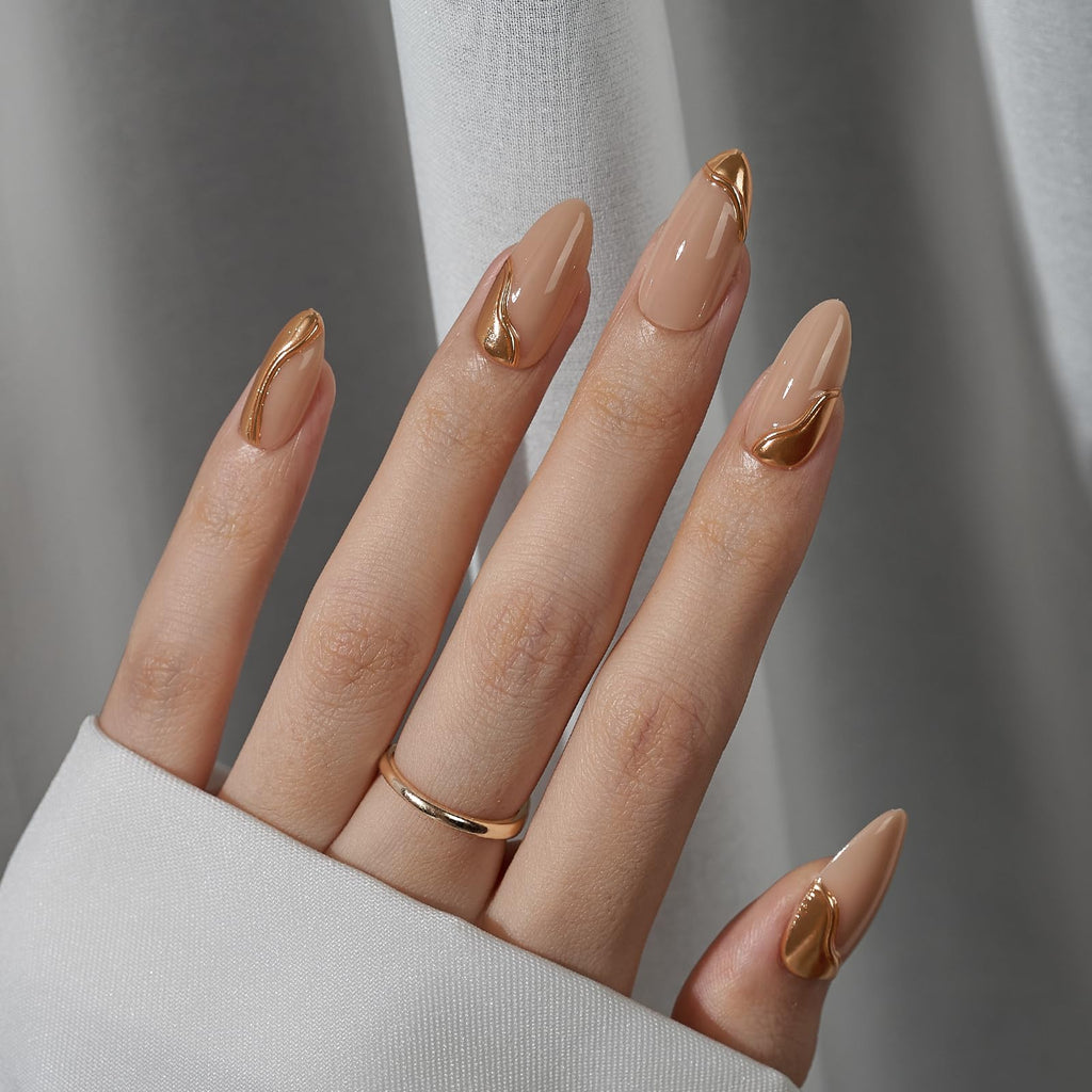 BTArtbox Almond Press On Nails – Medium Gel Nails with 3D Metallic Design, 15 Sizes