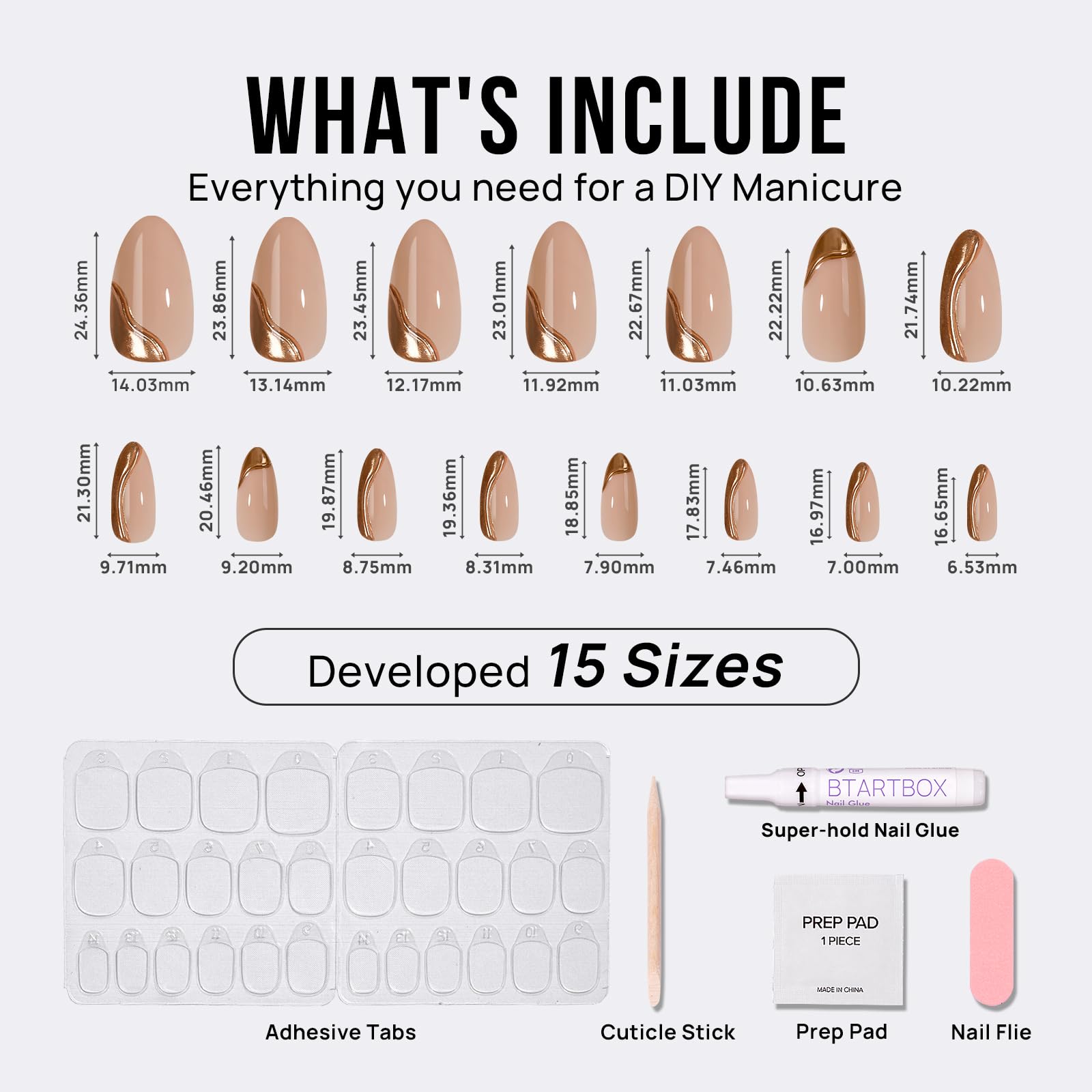 BTArtbox Almond Press On Nails – Medium Gel Nails with 3D Metallic Design, 15 Sizes