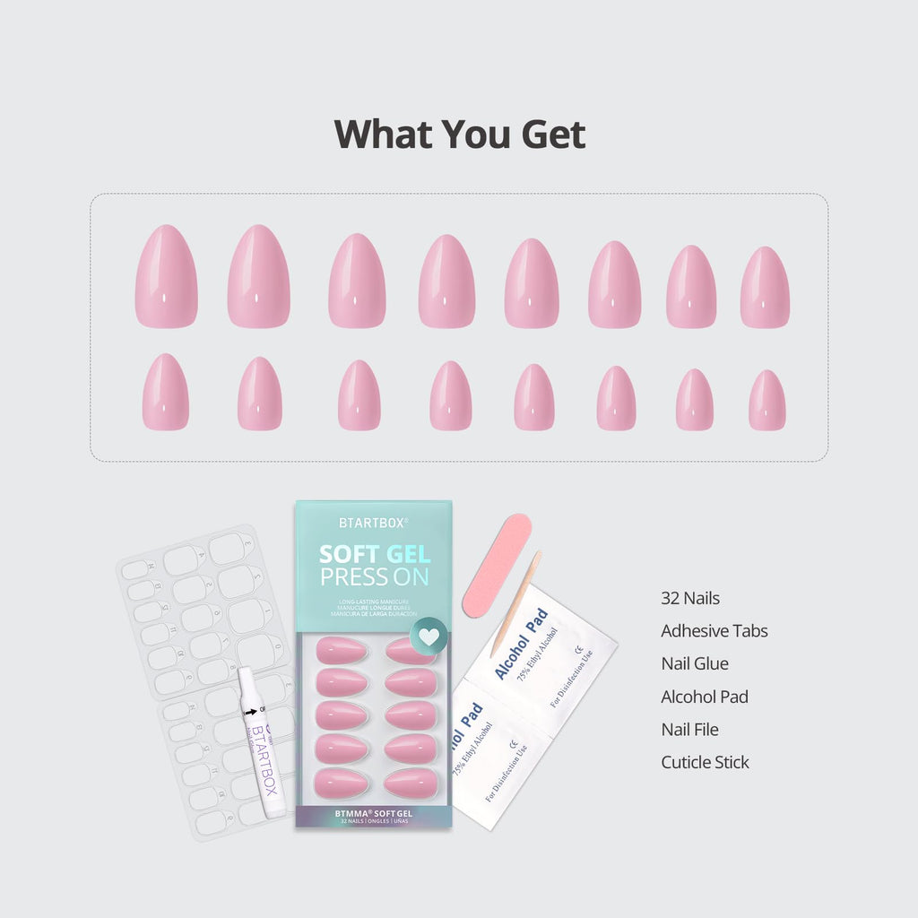 BTArtbox Almond Press On Nails – Pastel Baby Pink, Short, 32-Piece Kit with Glue
