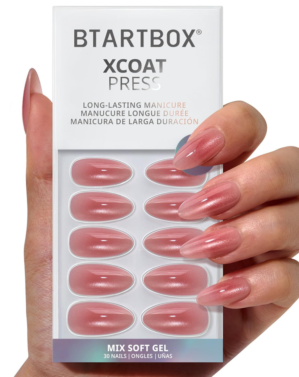 BTArtbox Press On Nails Almond - Pink Hypnotic Ombre | Lamp-Curable Cat Eye Medium Nails Kit with Glue & Tabs