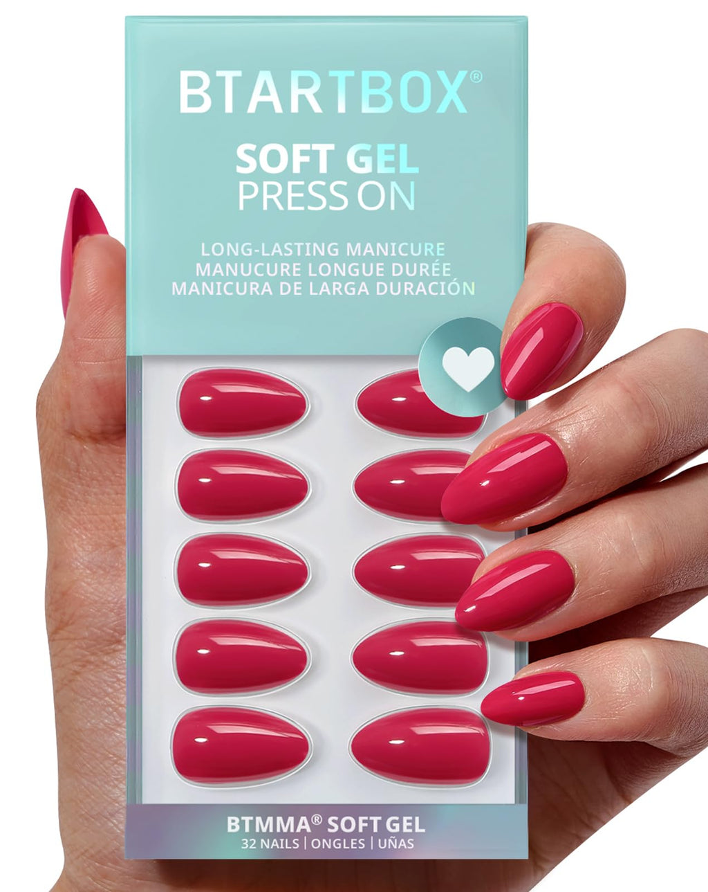 BTArtbox Press On Nails Almond – Raspberry Red Short, 32 Nails, 16 Sizes (Berry Blod)
