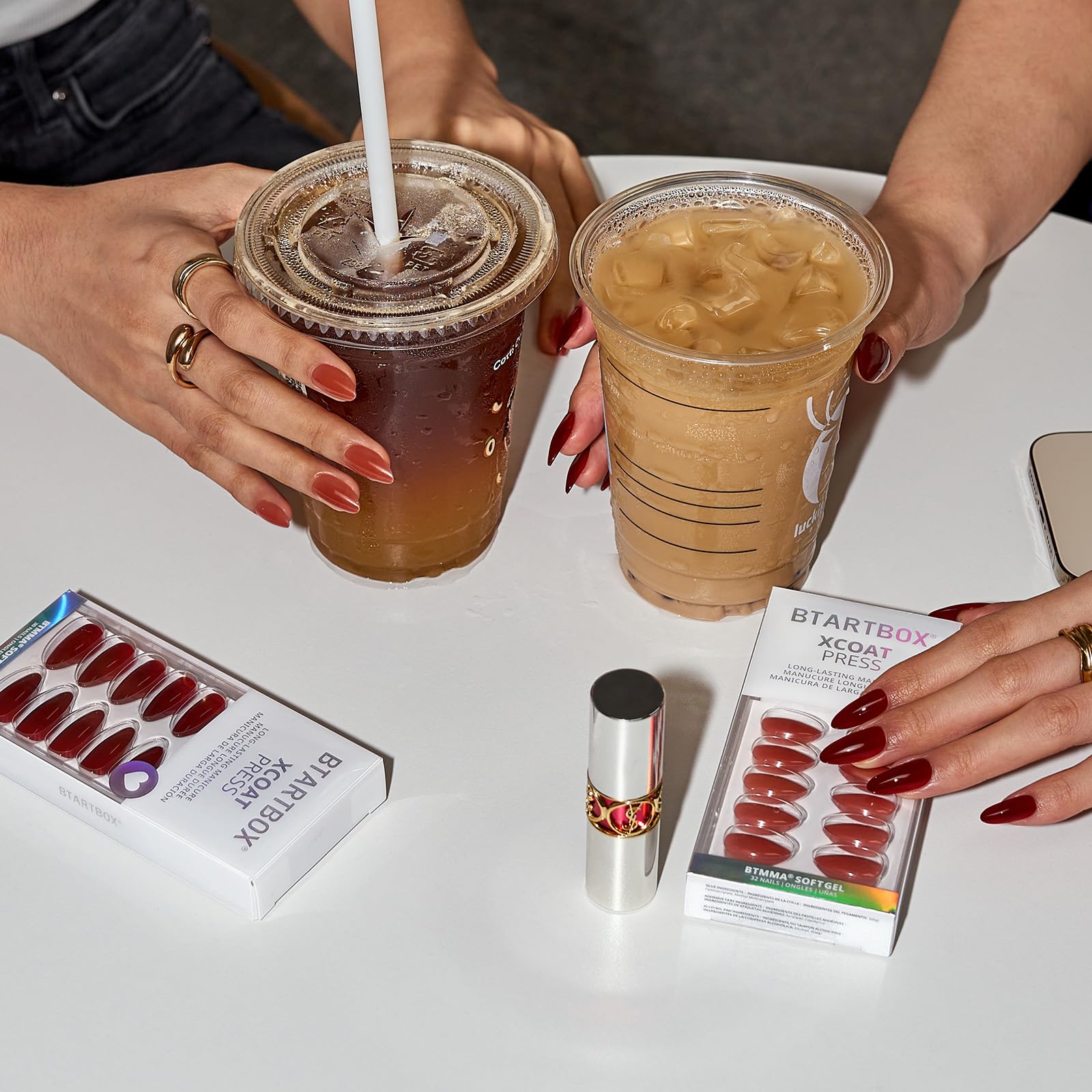 BTArtbox Press On Nails Almond – Dark Red, 28-Day Stay, Gel Glue, 30-Piece Kit (15 Sizes)