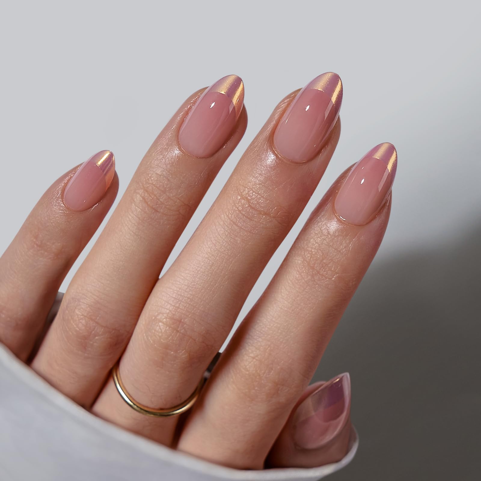 BTArtbox Press On Nails Short – Chrome French Tip Almond | 32 Nails, 16 Sizes, Glue Kit