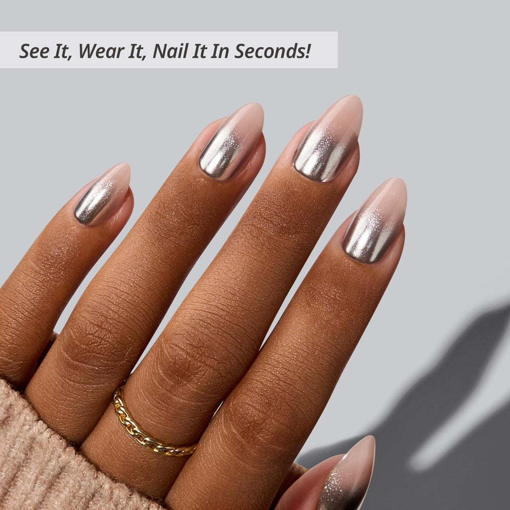 BTArtbox Press On Nails Short - Silver Fizz Chrome Glitter Almond Kit (32 Nails + Glue & Tabs)