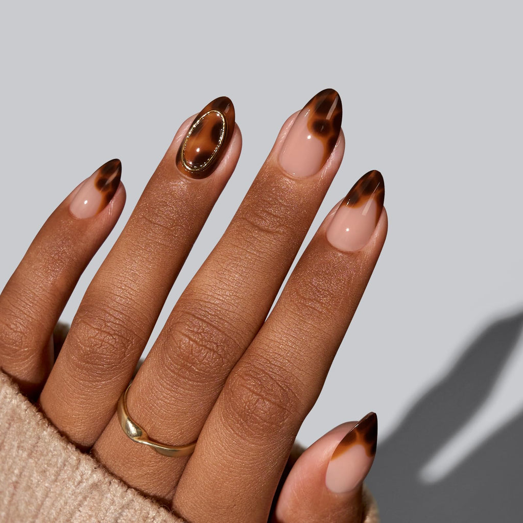 BTArtbox Almond Press On Nails – Amber Hoops & Tortoise Shell Short French Tip Kit