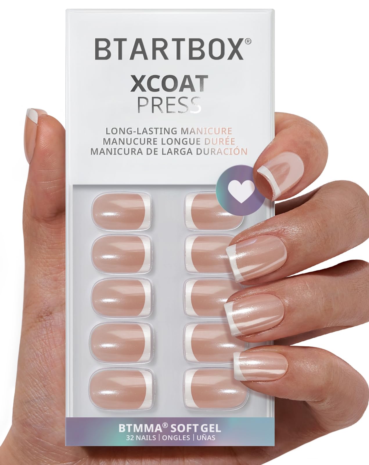 BTArtbox Press On Nails Short – Chrome French Tip, Lamp-Curable, 32 Nails, 16 Sizes