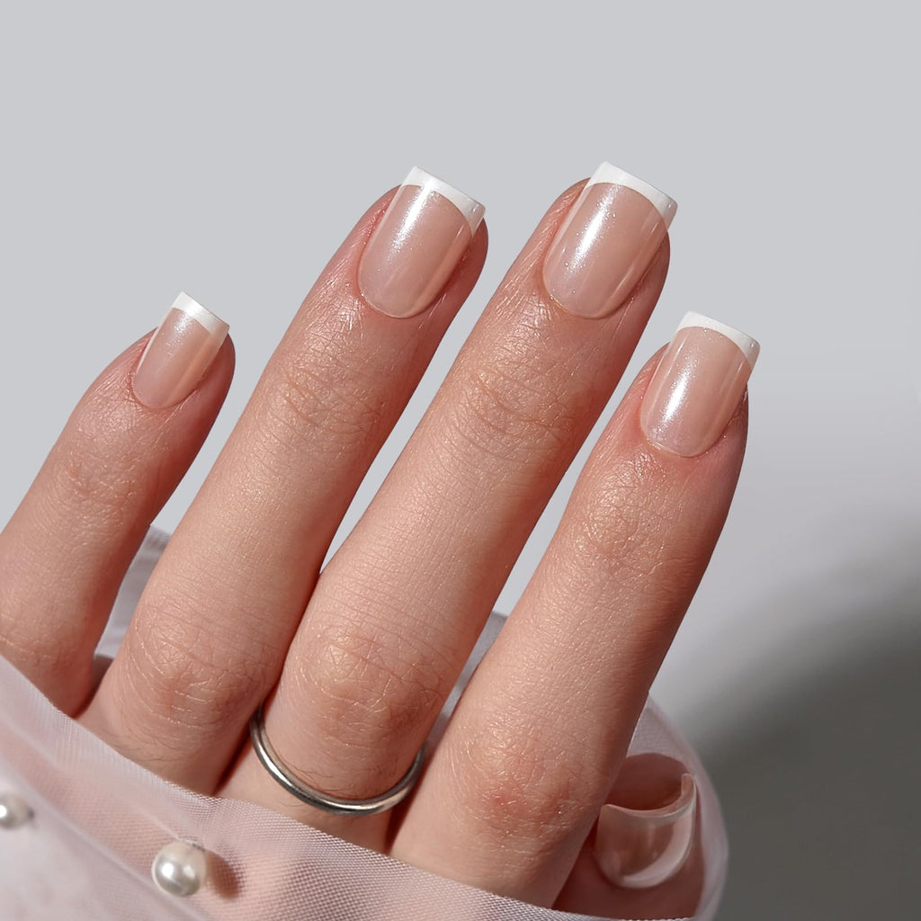 BTArtbox Press On Nails Short – Chrome French Tip, Lamp-Curable, 32 Nails, 16 Sizes