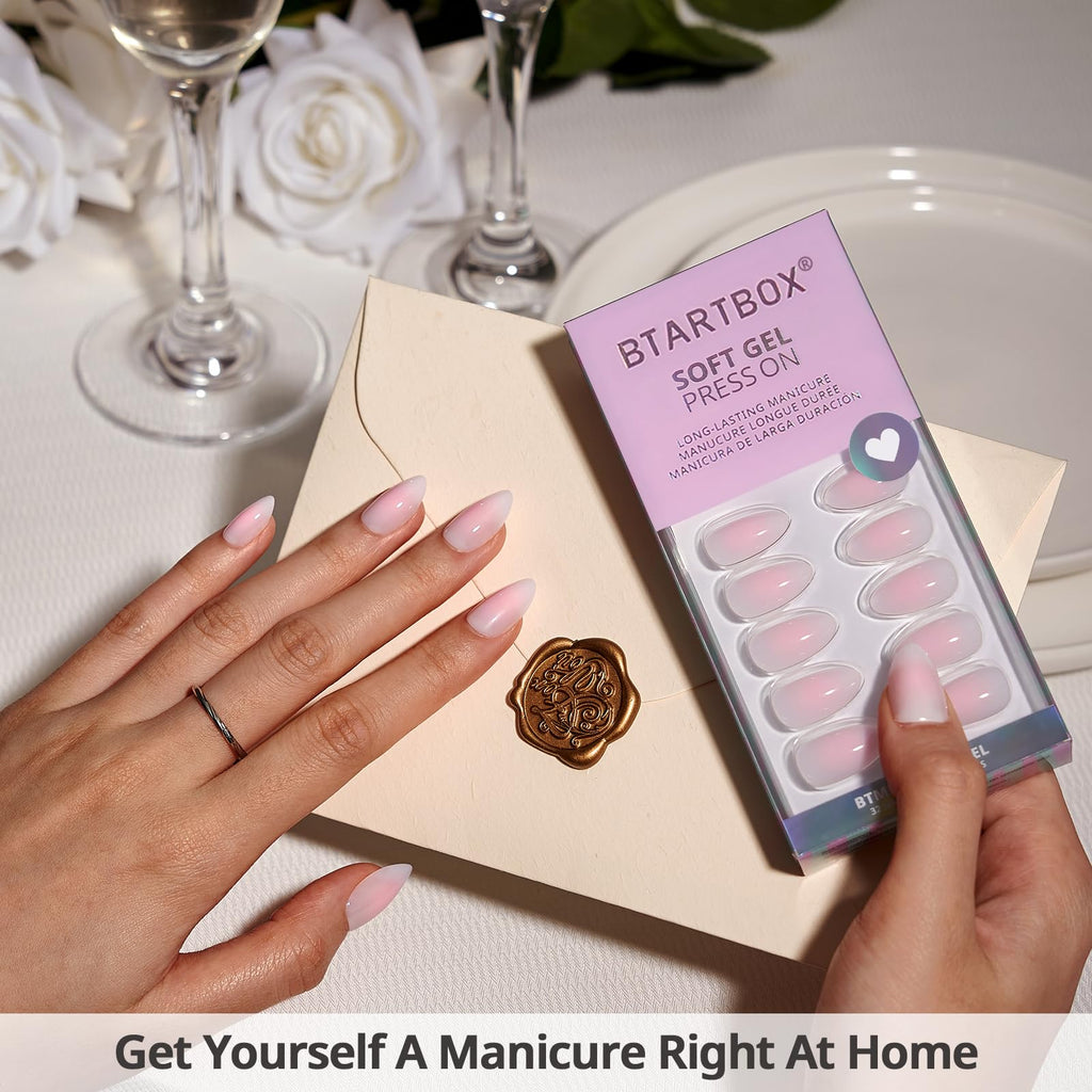 BTArtbox Press On Nails Short - Pink Ombre Almond Kit with Glue | 32 Nails, 16 Sizes