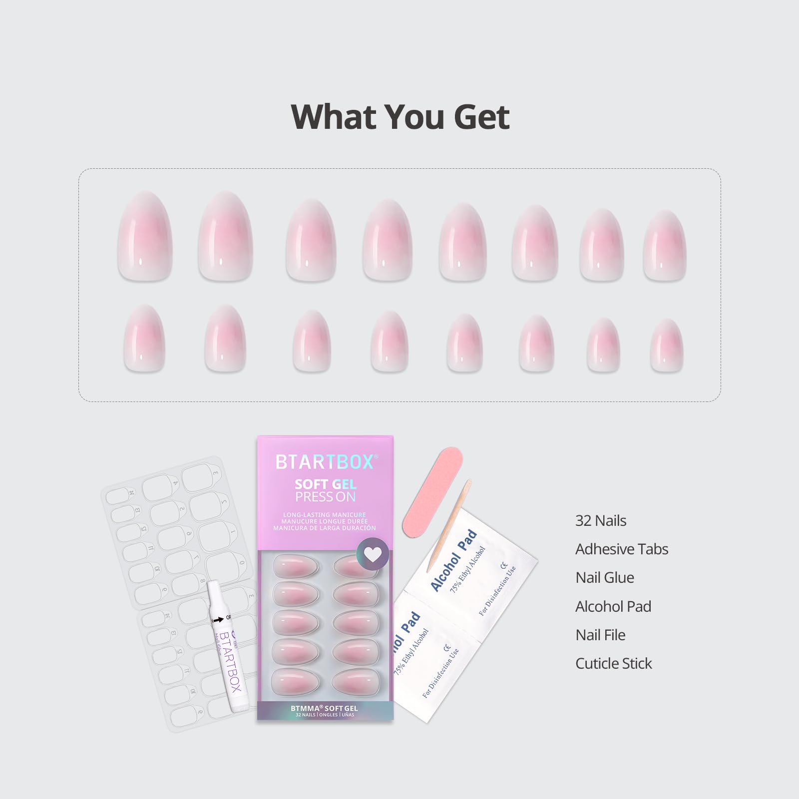 BTArtbox Press On Nails Short - Pink Ombre Almond Kit with Glue | 32 Nails, 16 Sizes