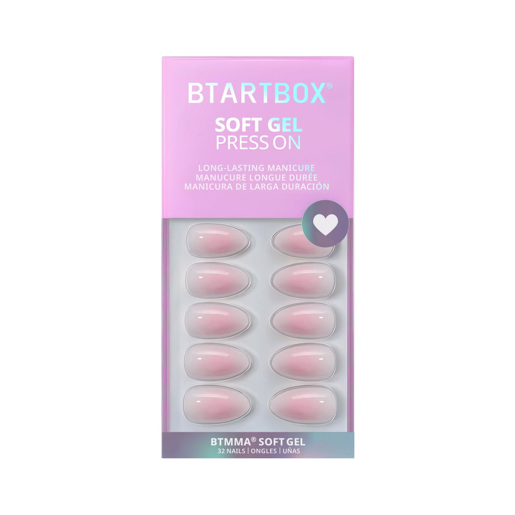 BTArtbox Press On Nails Short - Pink Ombre Almond Kit with Glue | 32 Nails, 16 Sizes