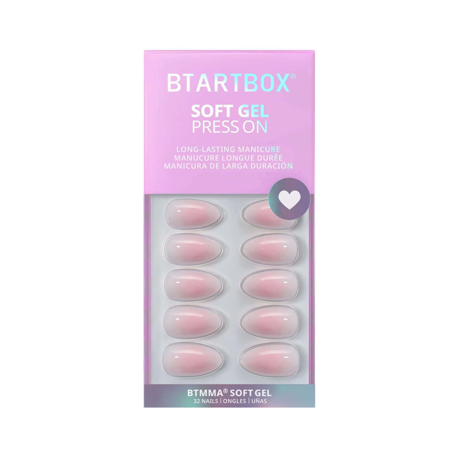 BTArtbox Press On Nails Short - Pink Ombre Almond Kit with Glue | 32 Nails, 16 Sizes