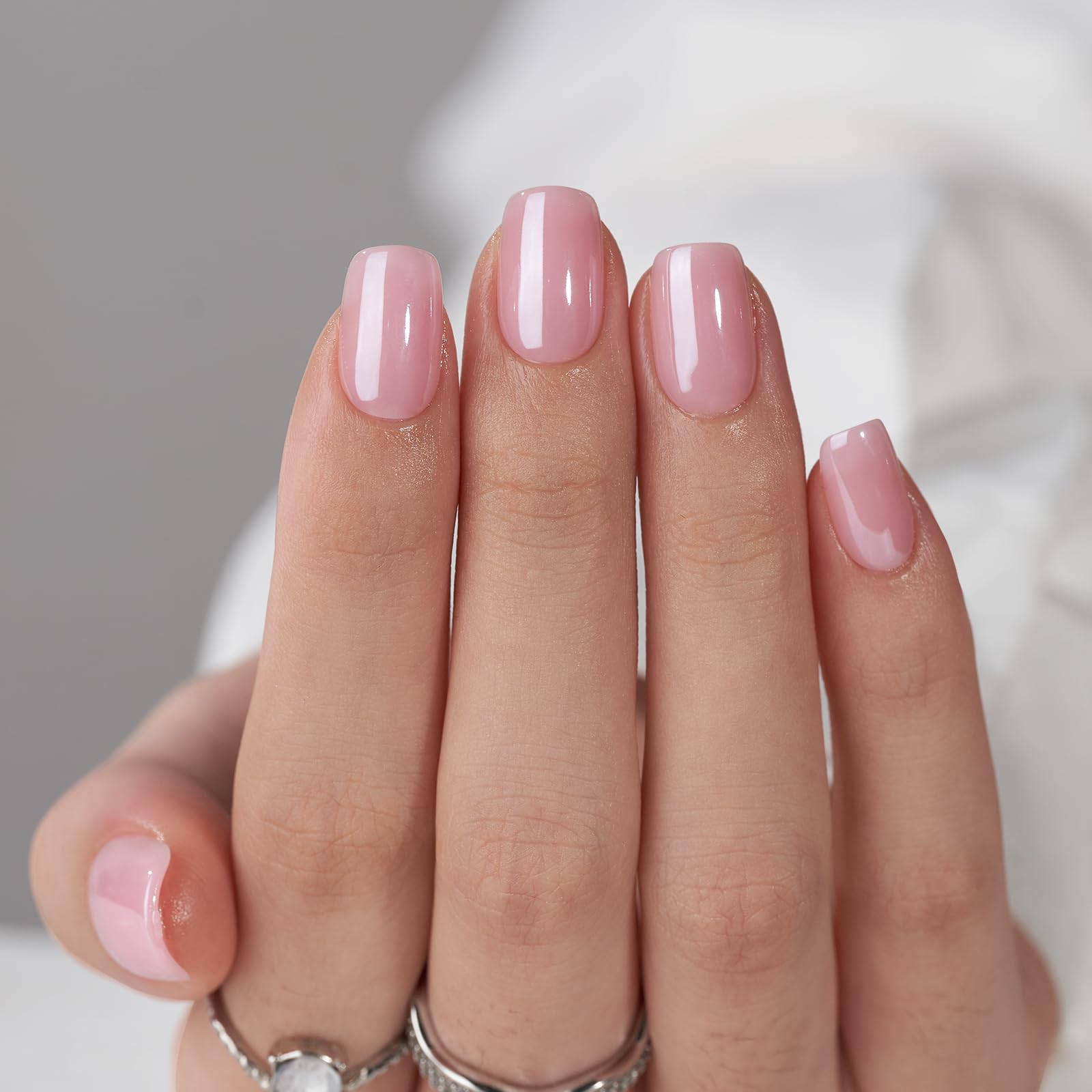 BTArtbox Press On Nails Short Square Pink Chrome Lotus Glazed – 30 Soft Gel Nails, 15 Sizes