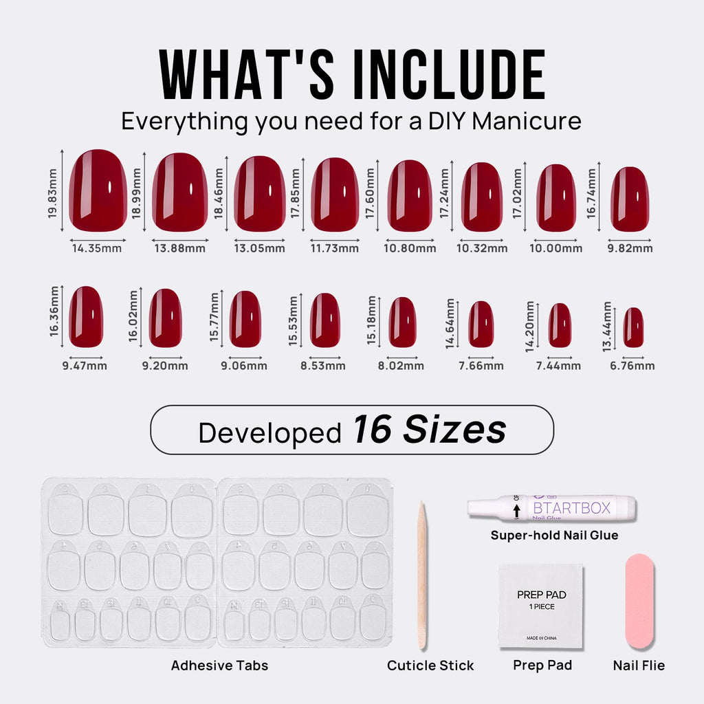 BTArtbox Press On Nails Short Oval Cardinal Red – 16 Sizes, Gel Finish