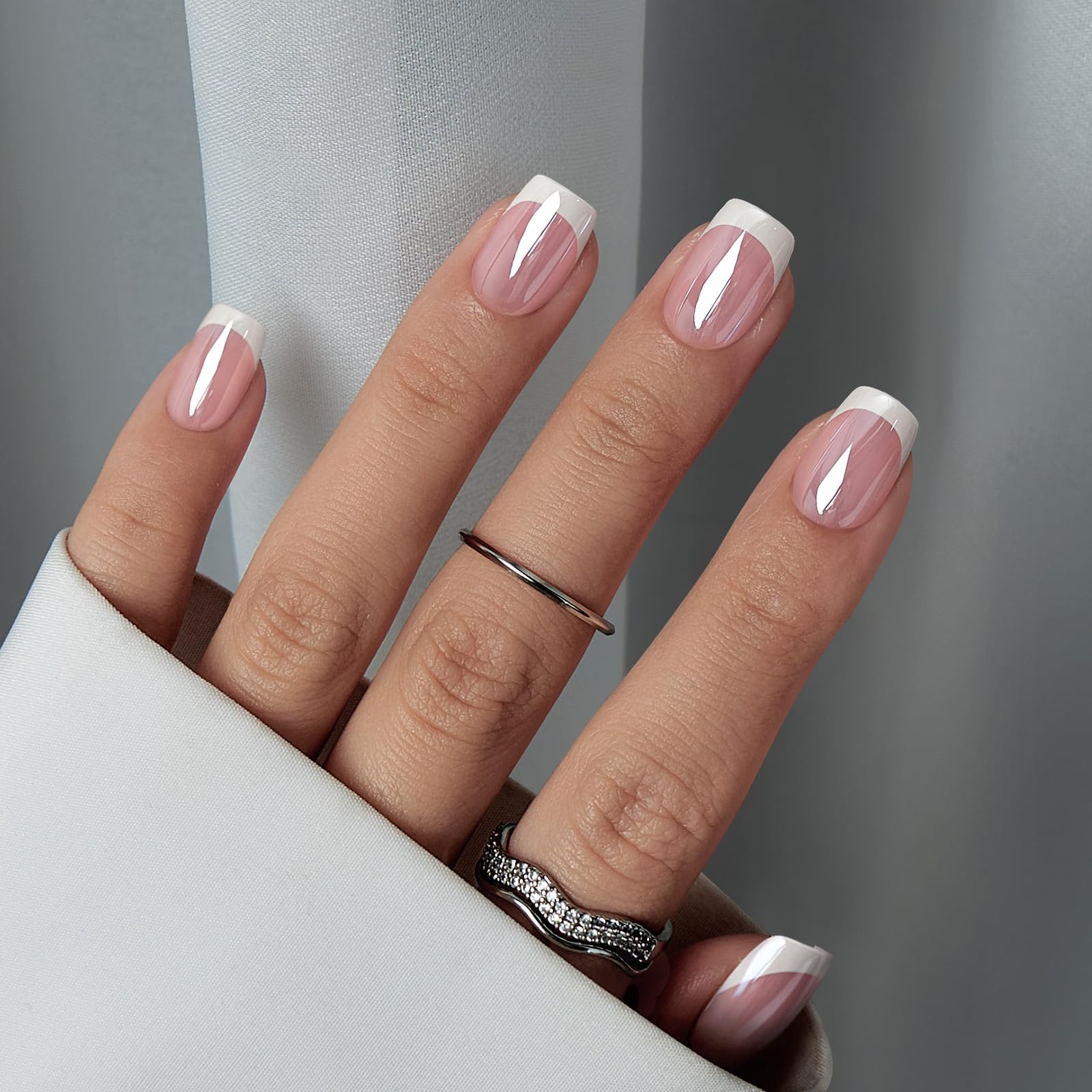 BTArtbox Press On Nails Short – White French Tip, Chrome Glazed, 15 Sizes, 30 Soft Gel Kit, Be Elegant