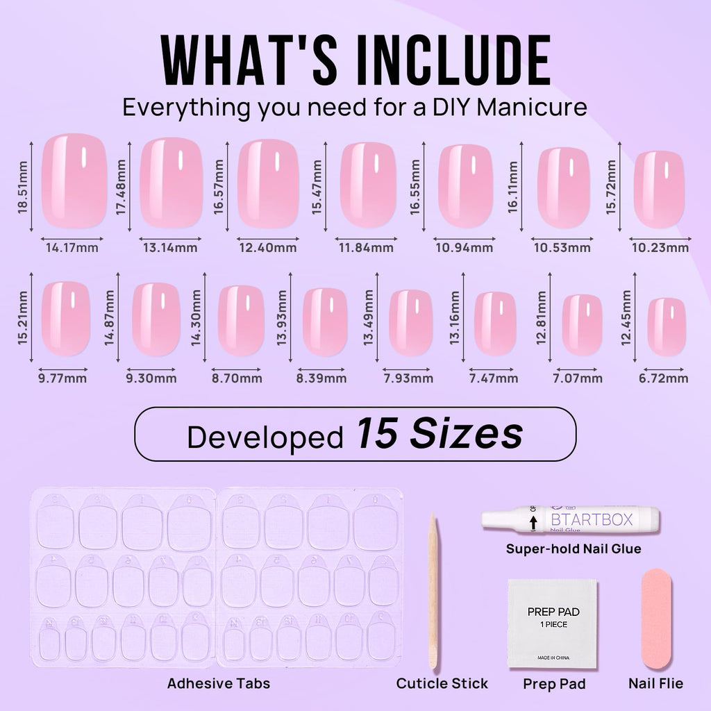 BTArtbox Press On Nails Short Square Pink Chrome Lotus Glazed – 30 Soft Gel Nails, 15 Sizes