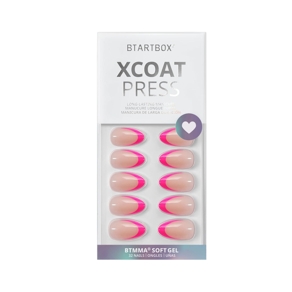 BTArtbox French Tip Press On Nails Almond – Hot Pink Berry French Short Gel Nails Kit (16 Sizes, 32 Nails)