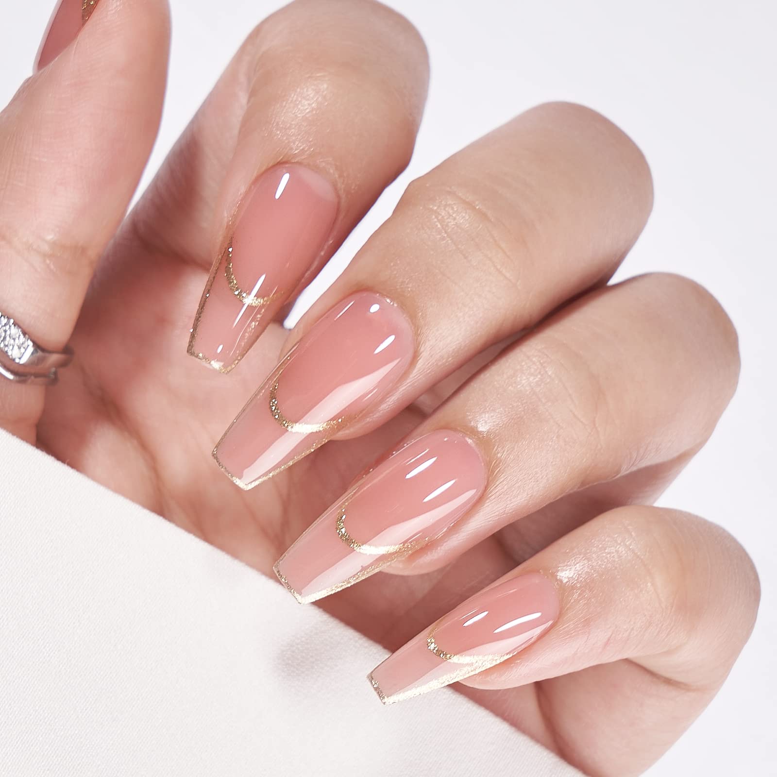 BTArtbox Press On Nails Long - Rose Gold Outline French Tip, Coffin Shape, Reusable Soft Gel, 15 Sizes