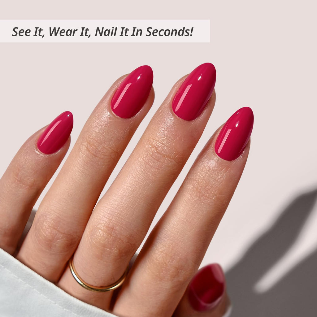 BTArtbox Press On Nails Almond – Raspberry Red Short, 32 Nails, 16 Sizes (Berry Blod)