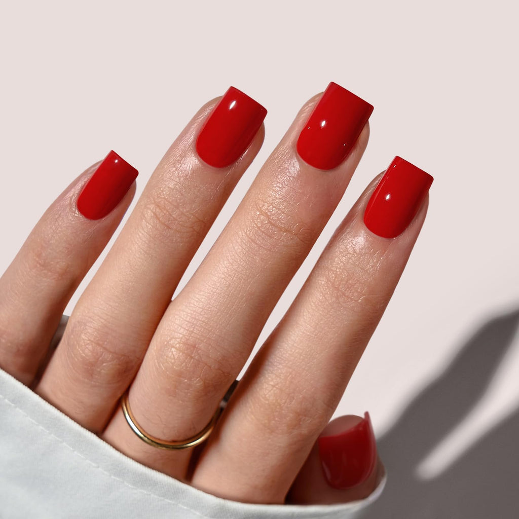 BTArtbox Press On Nails Short - Red Square Valentines Kit, 32 Nails, 16 Sizes, Glue Included