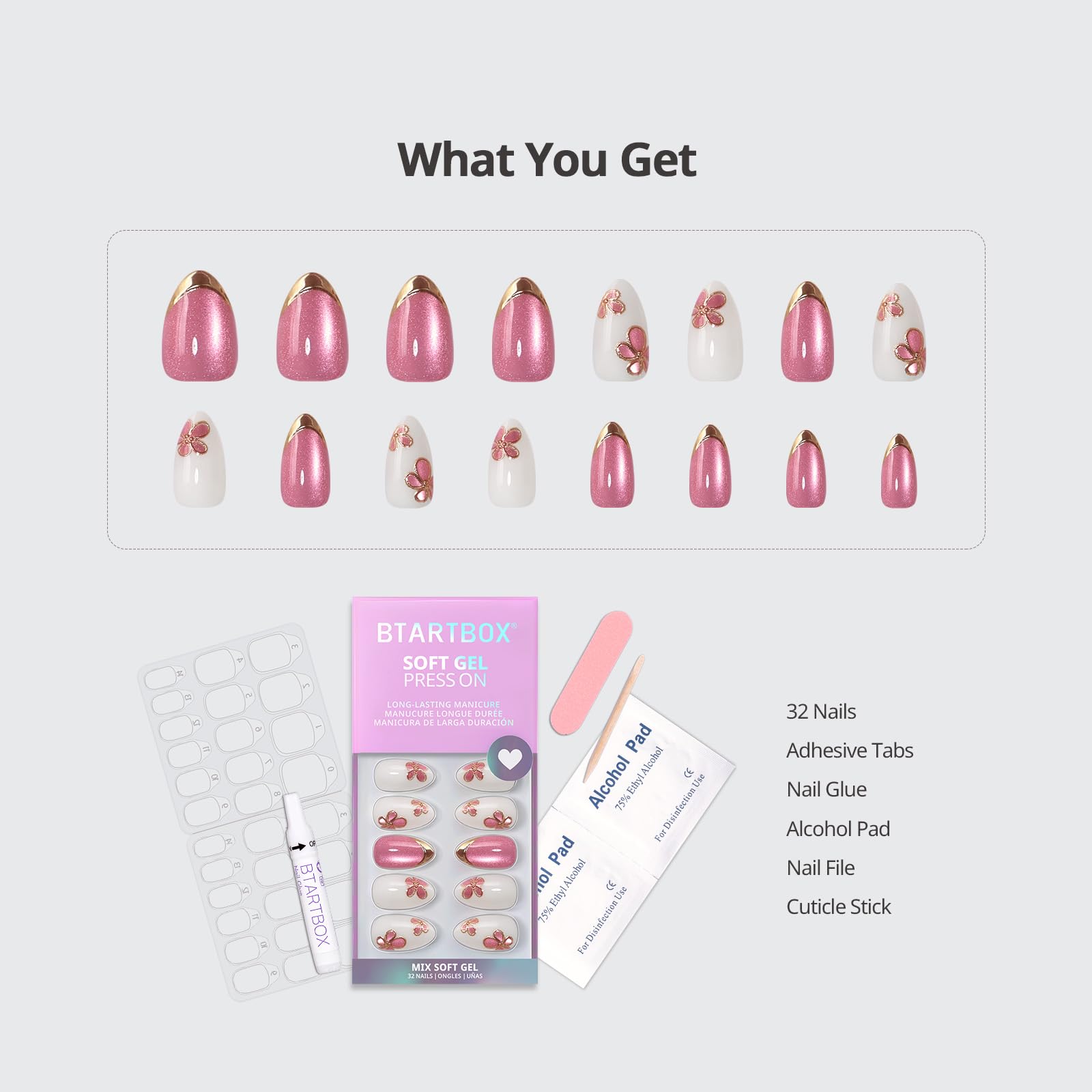 BTArtbox Almond Confetti Petals Press-On Nails Kit – 32 Soft Gel Nails, Glue & Tabs