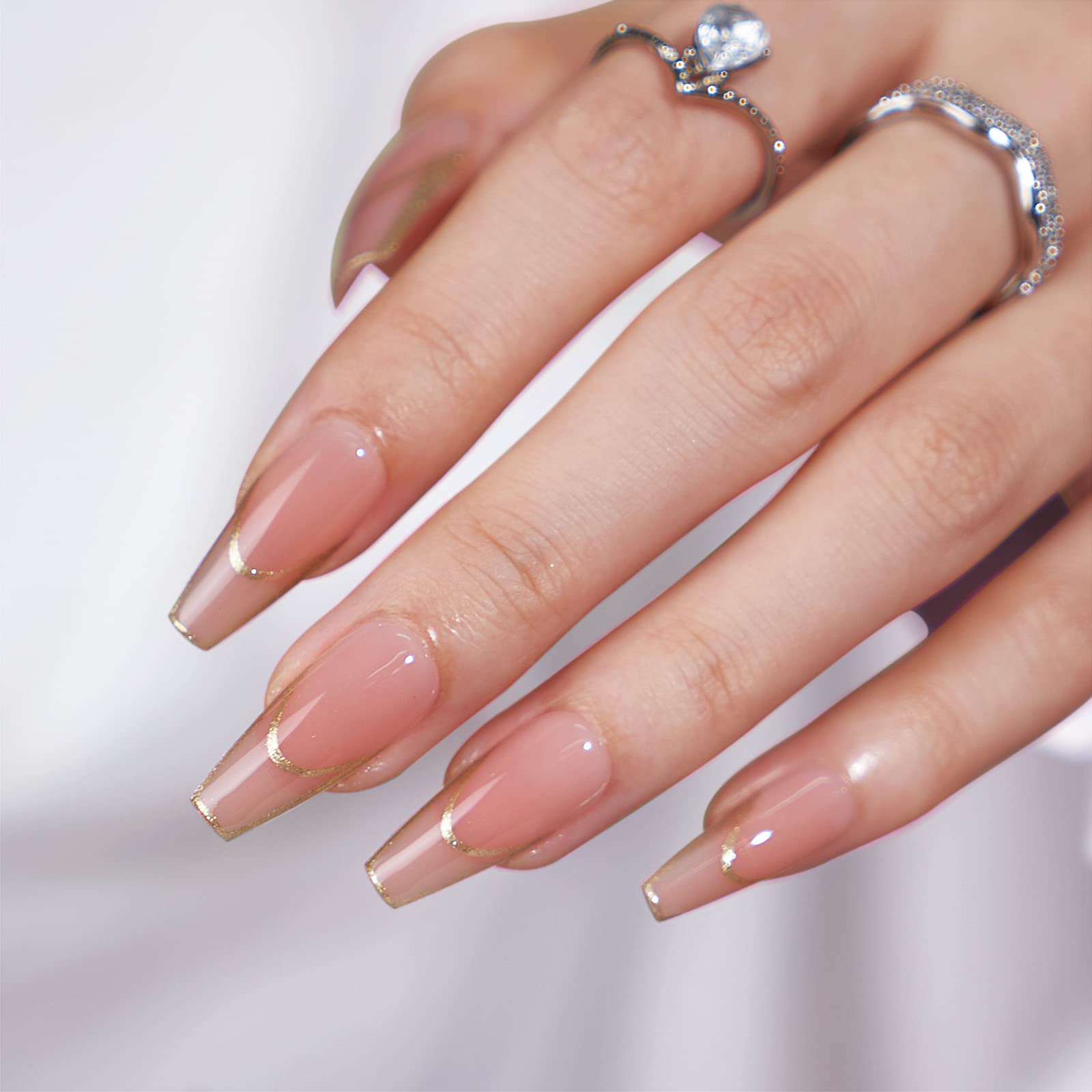 BTArtbox Press On Nails Long - Rose Gold Outline French Tip, Coffin Shape, Reusable Soft Gel, 15 Sizes