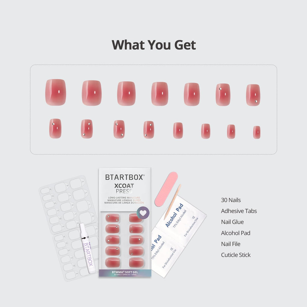 BTArtbox Press On Nails Short — Cyber Crimson Rhinestone Square Kit, 30 Nails, 15 Sizes