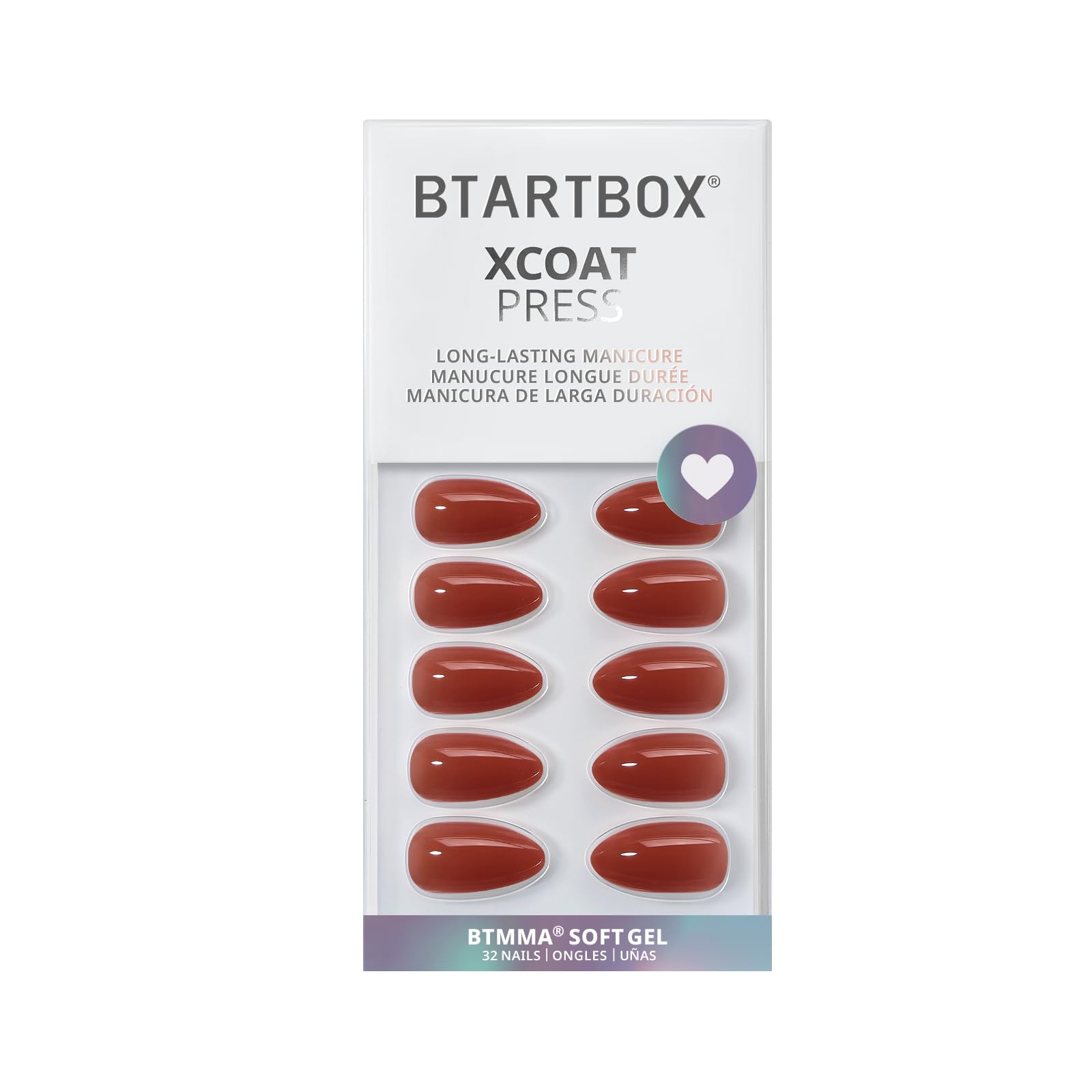 BTArtbox Press On Nails Short Almond – Tea Brown Hue, 32-Piece Kit with Gel Glue
