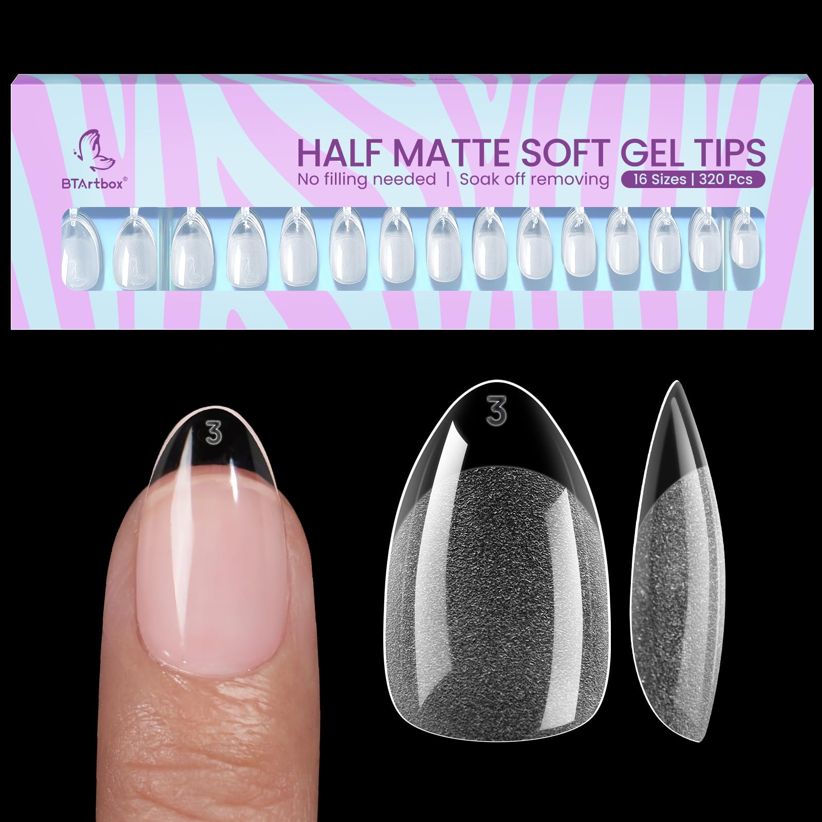 BTArtbox Short Almond Nail Tips - 320Pcs, 16 Sizes, Clear Half-Matte Soft Gel for Natural Full Cover Extensions