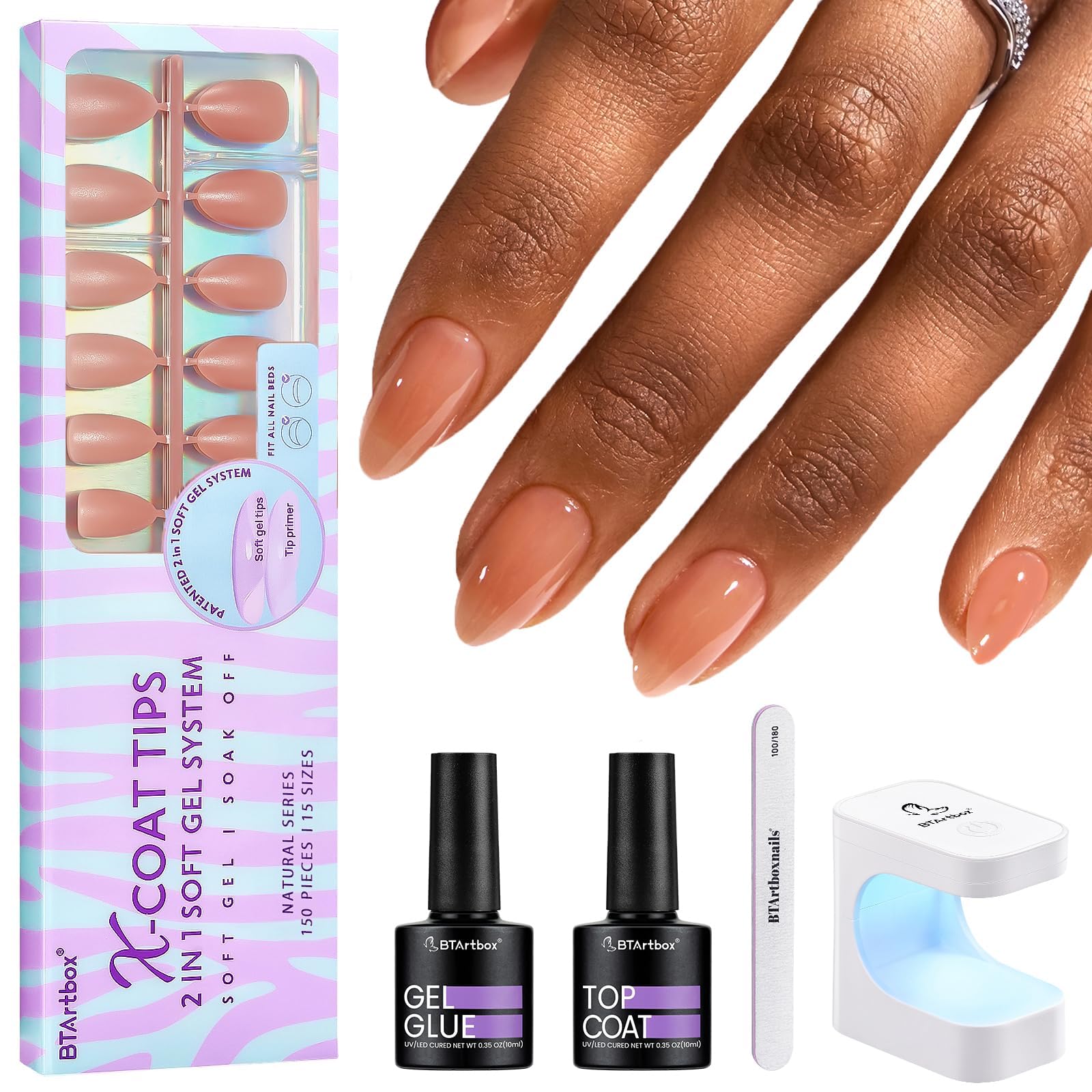 BTArtbox Short Almond Nail Tips – XCOATTIPS Gel Nail Kit, 160 pcs, Primer Base