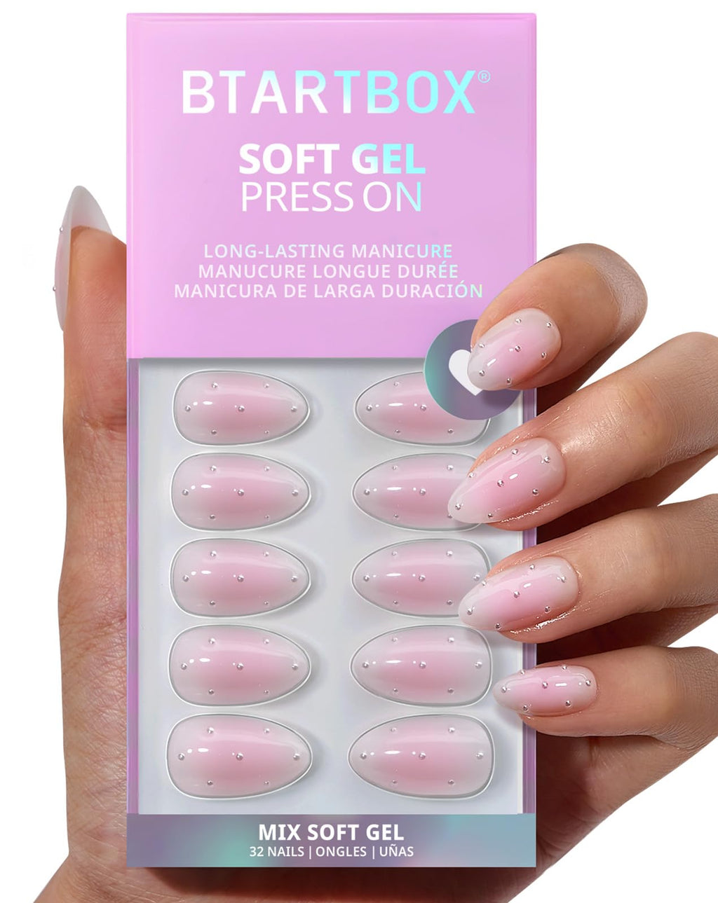 BTArtbox Press On Nails Short - Shy Metal with 3D Pearl Accents in Pink Almond | 32 Nails All-in-One Kit