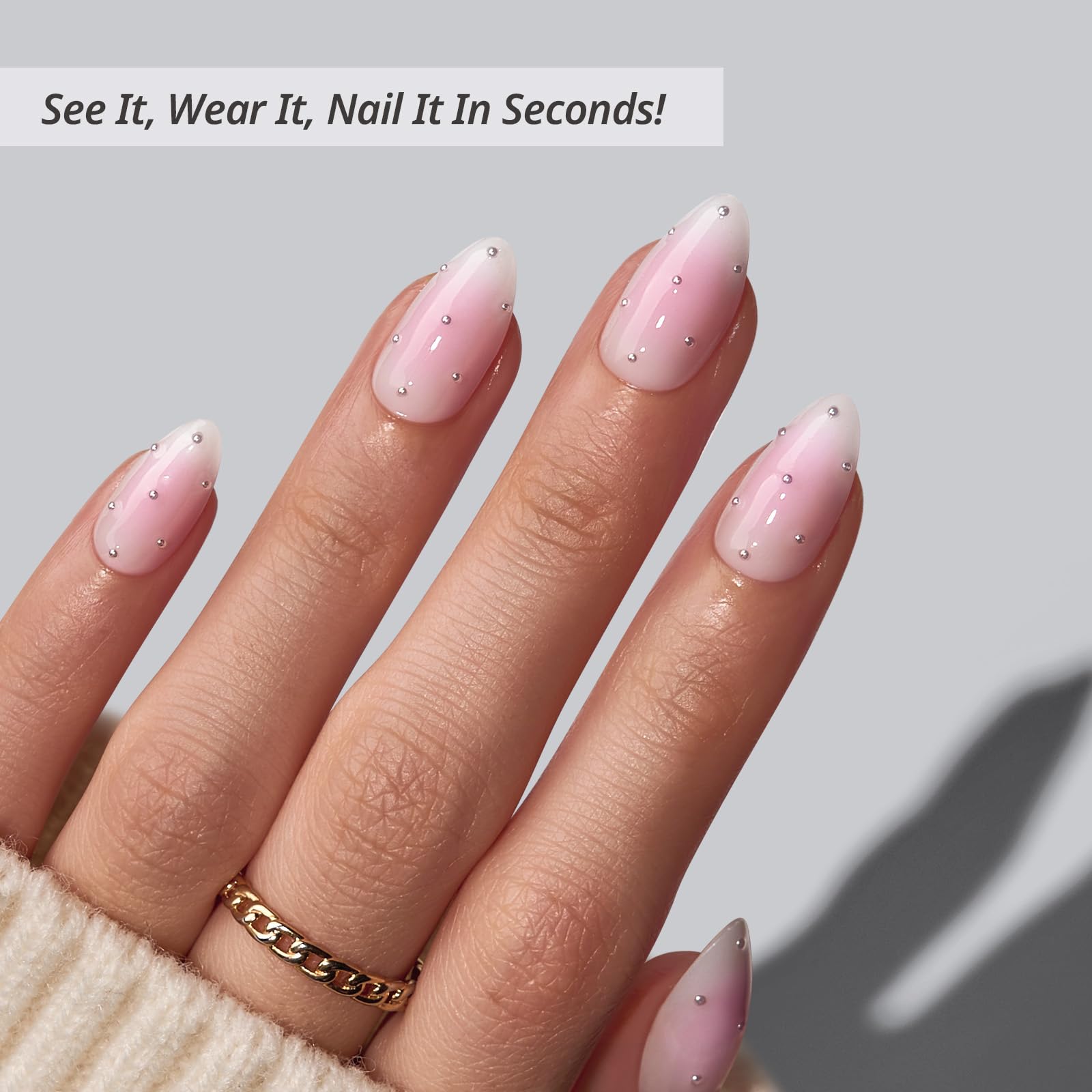 BTArtbox Press On Nails Short - Shy Metal with 3D Pearl Accents in Pink Almond | 32 Nails All-in-One Kit
