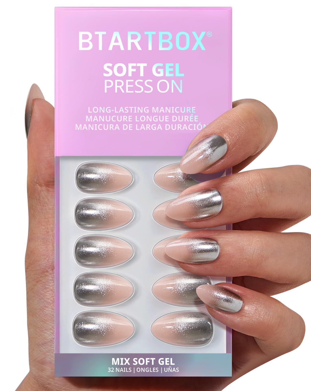 BTArtbox Press On Nails Short - Silver Fizz Chrome Glitter Almond Kit (32 Nails + Glue & Tabs)