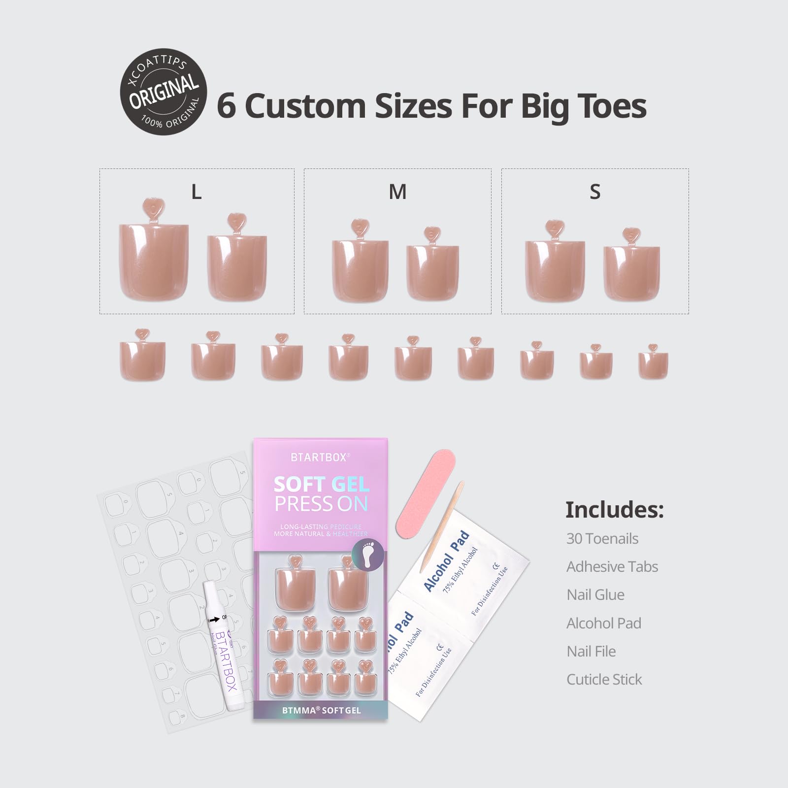 BTArtbox Press On Toenails - Sharp Square Pearl Chrome, 30-Nail Kit with Glue (Six Sizes)