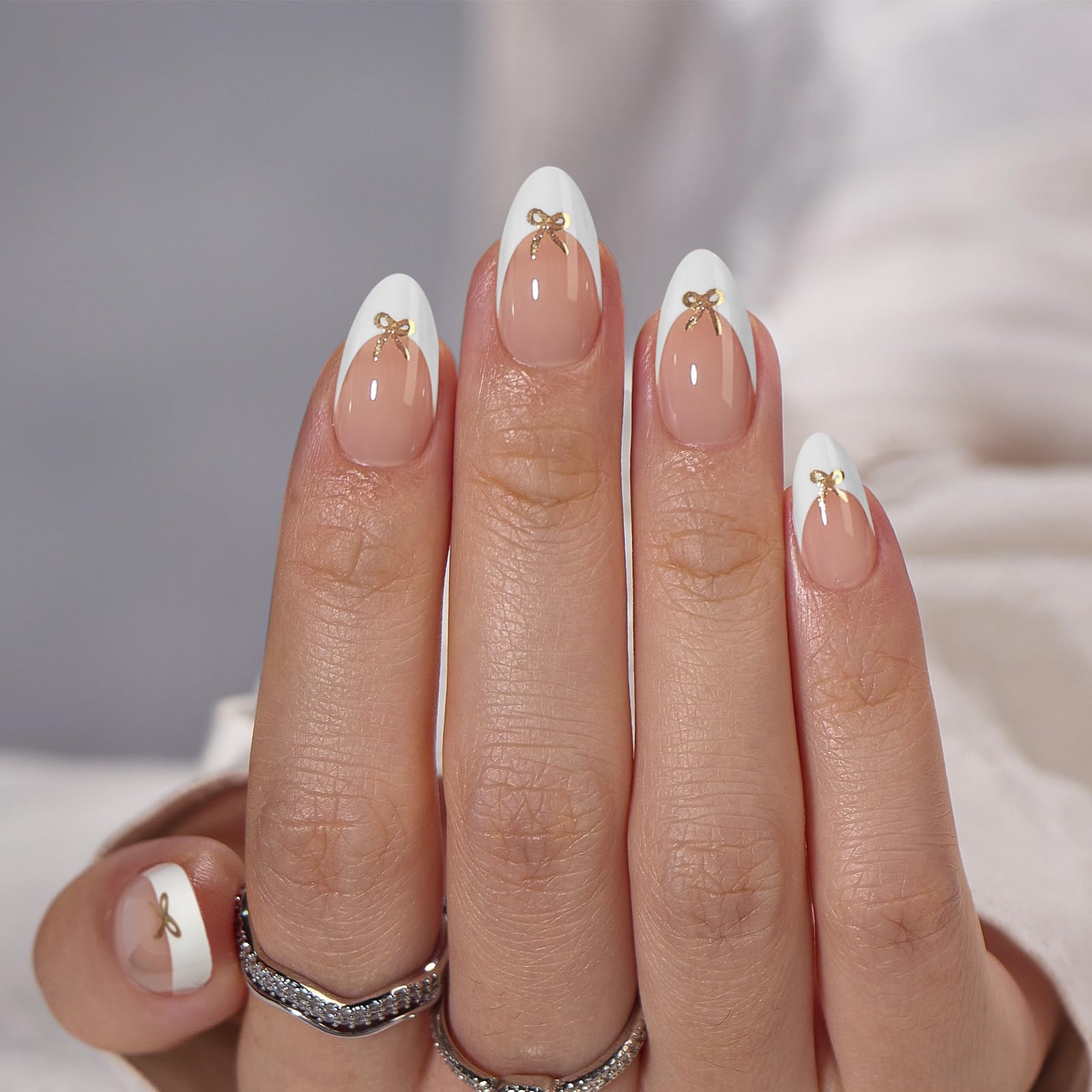 BTArtbox Press On Nails Short White French Tip with Bow – Almond, Glue-On, 16 Sizes