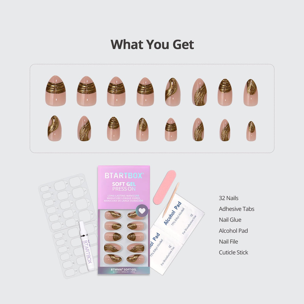 BTArtbox Press On Nails Short Gold Rush – 3D Sculpting Almond, 32 Nails Kit (16 Sizes)