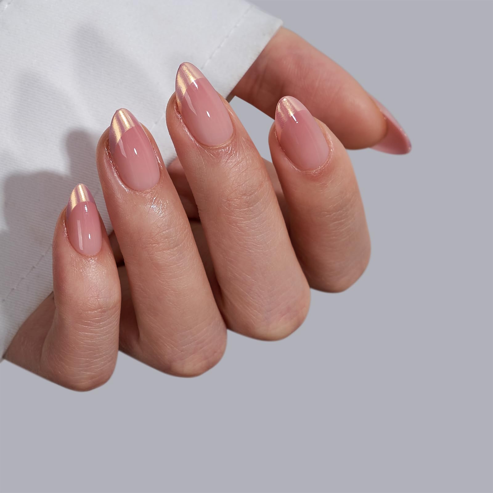 BTArtbox Press On Nails Short – Chrome French Tip Almond | 32 Nails, 16 Sizes, Glue Kit